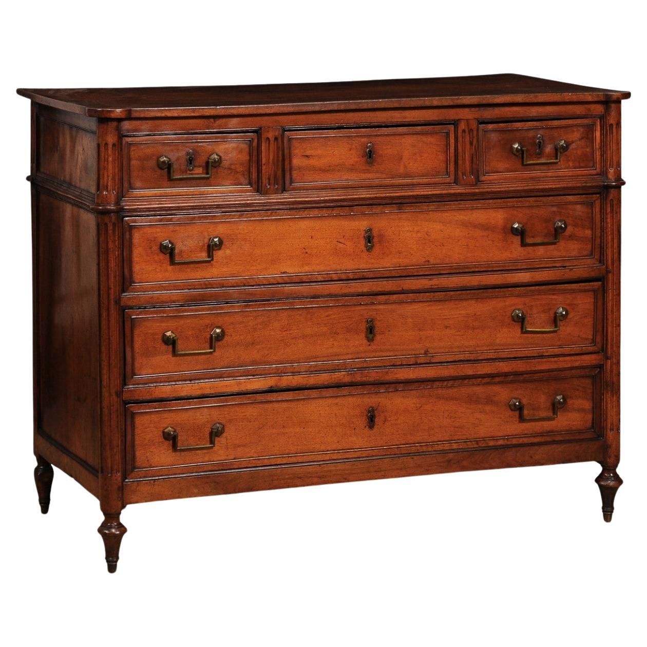 French Louis XVI Period 1790s Walnut Six-Drawer Commode with Fluted Side Posts For Sale