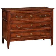 French Louis XVI Period 1790s Walnut Three Drawer Commode with Brass Hardware