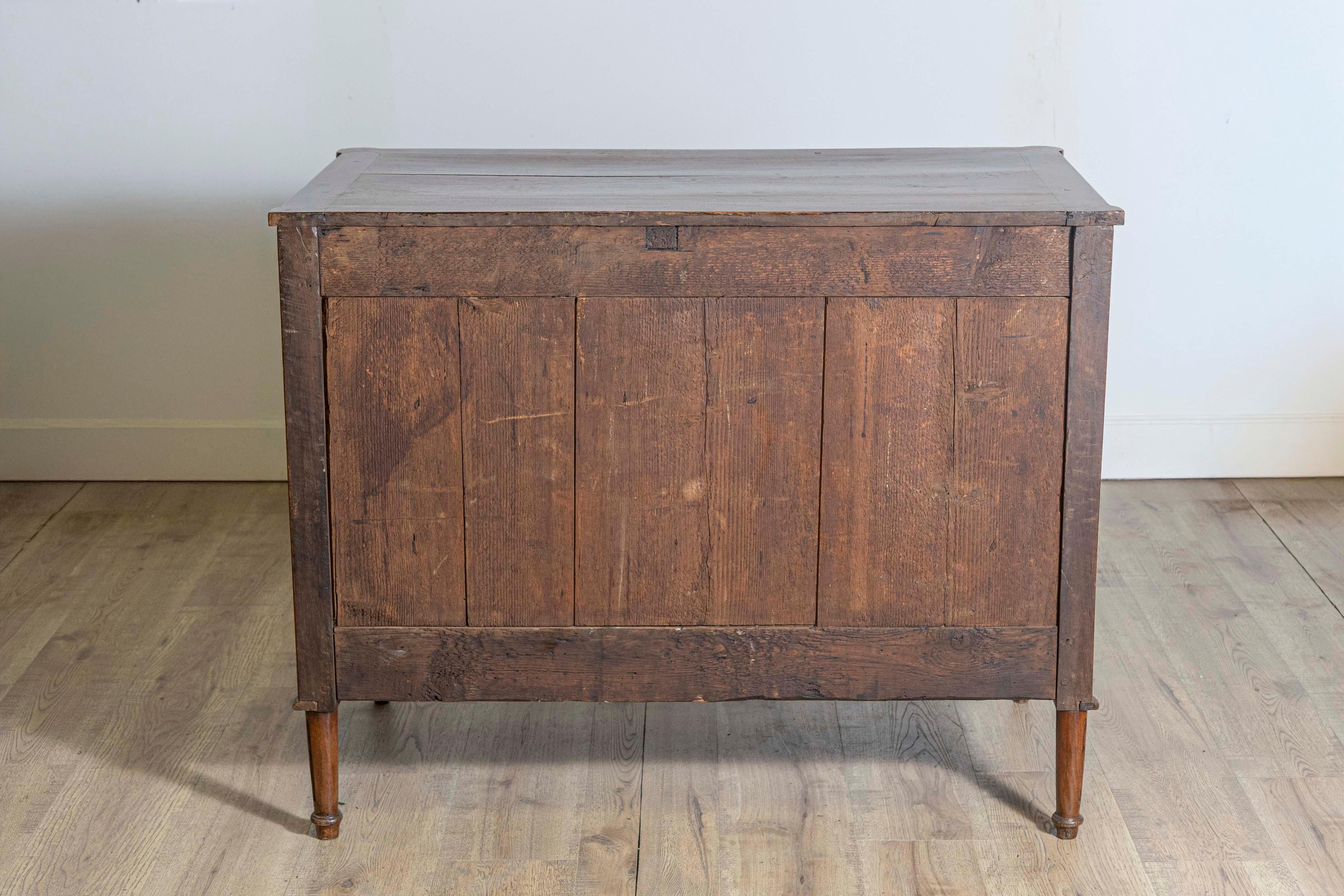 Brass French Louis XVI Period 1790s Walnut Three Drawer Commode with Fluted Side Posts For Sale