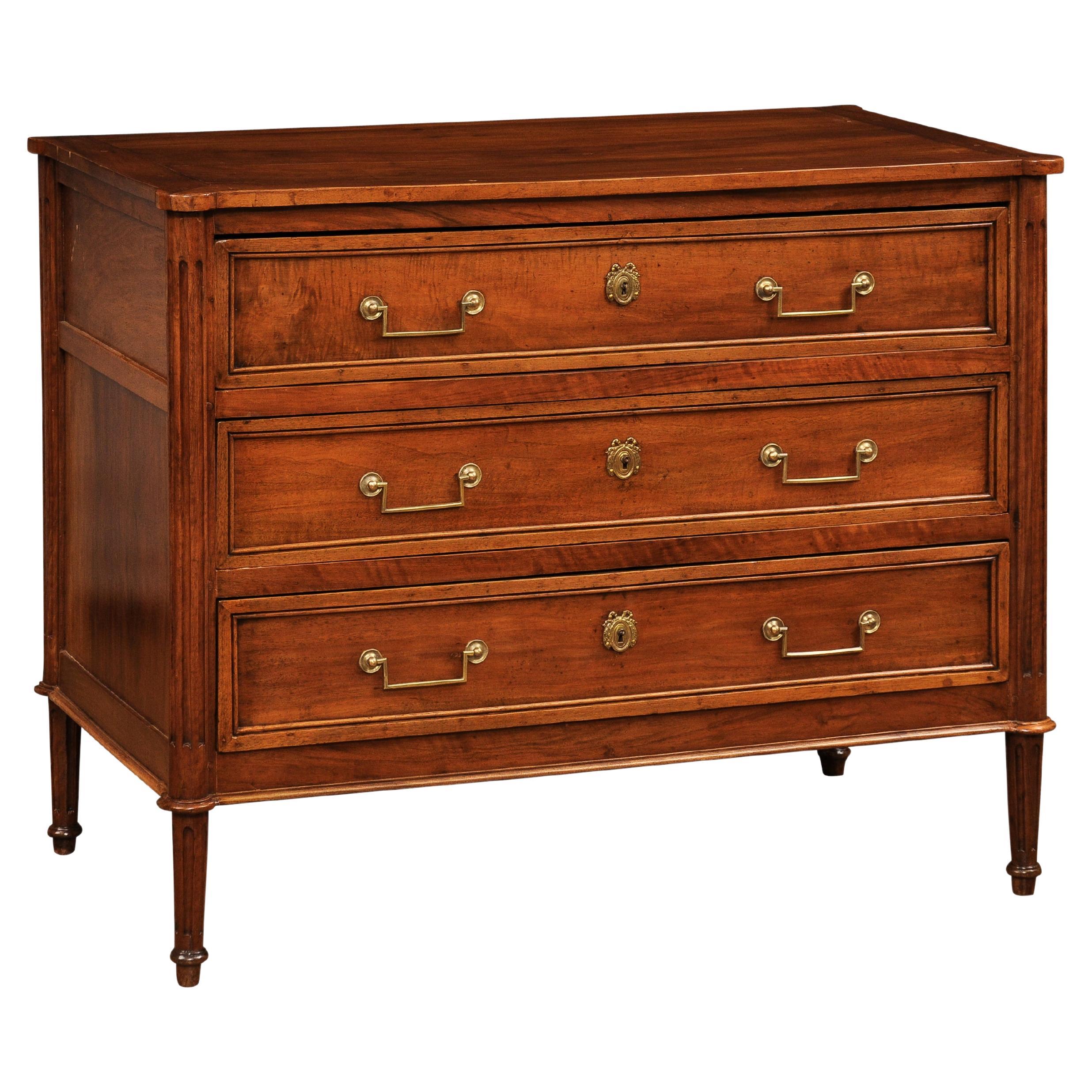 French Louis XVI Period 1790s Walnut Three Drawer Commode with Fluted Side Posts For Sale