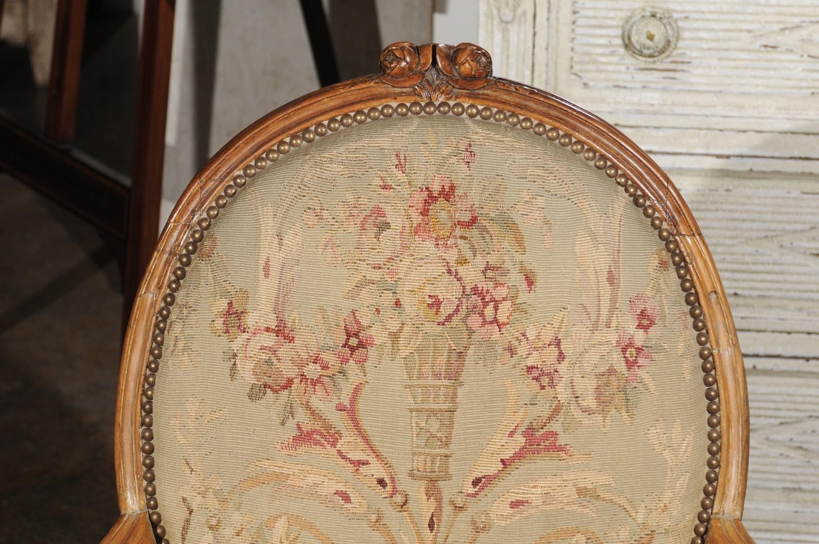 French Louis XVI Period 18th Century Armchair with Floral Tapestry Upholstery For Sale 5