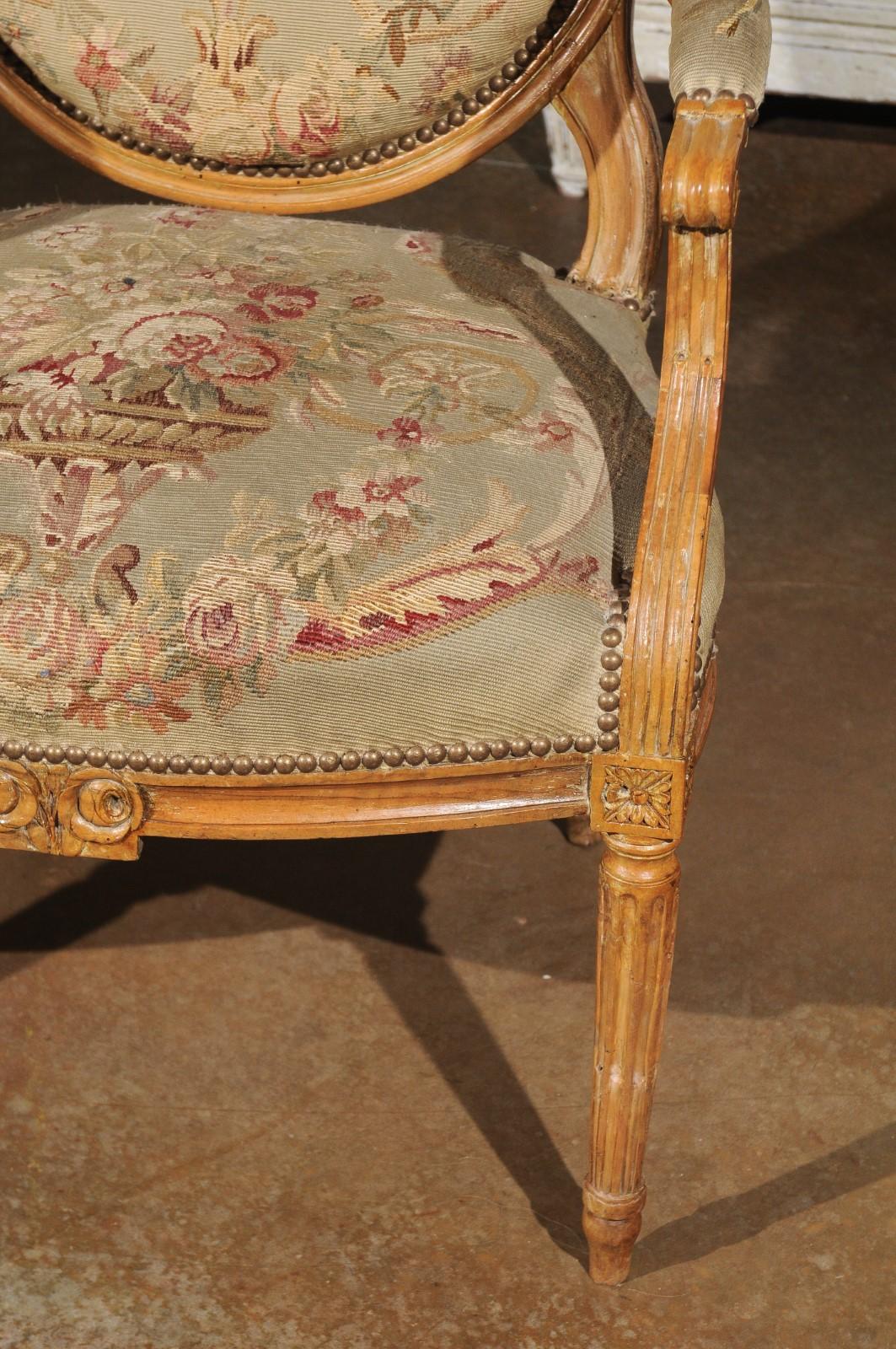 French Louis XVI Period 18th Century Armchair with Floral Tapestry Upholstery For Sale 6