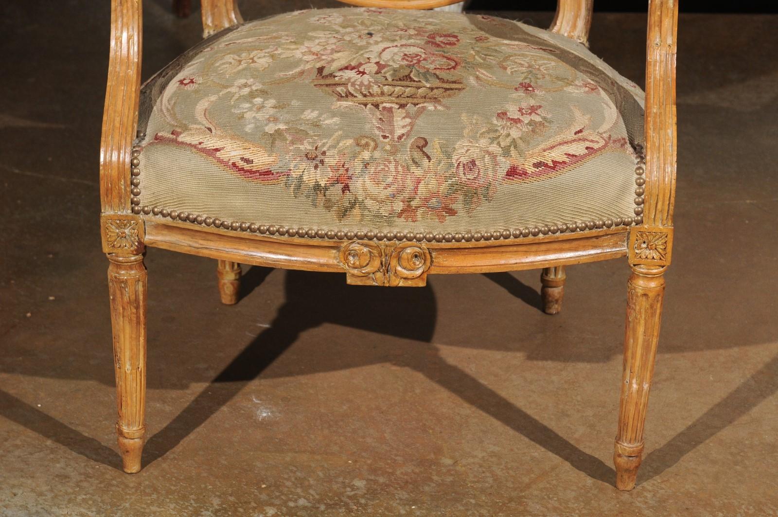 18th Century and Earlier French Louis XVI Period 18th Century Armchair with Floral Tapestry Upholstery For Sale