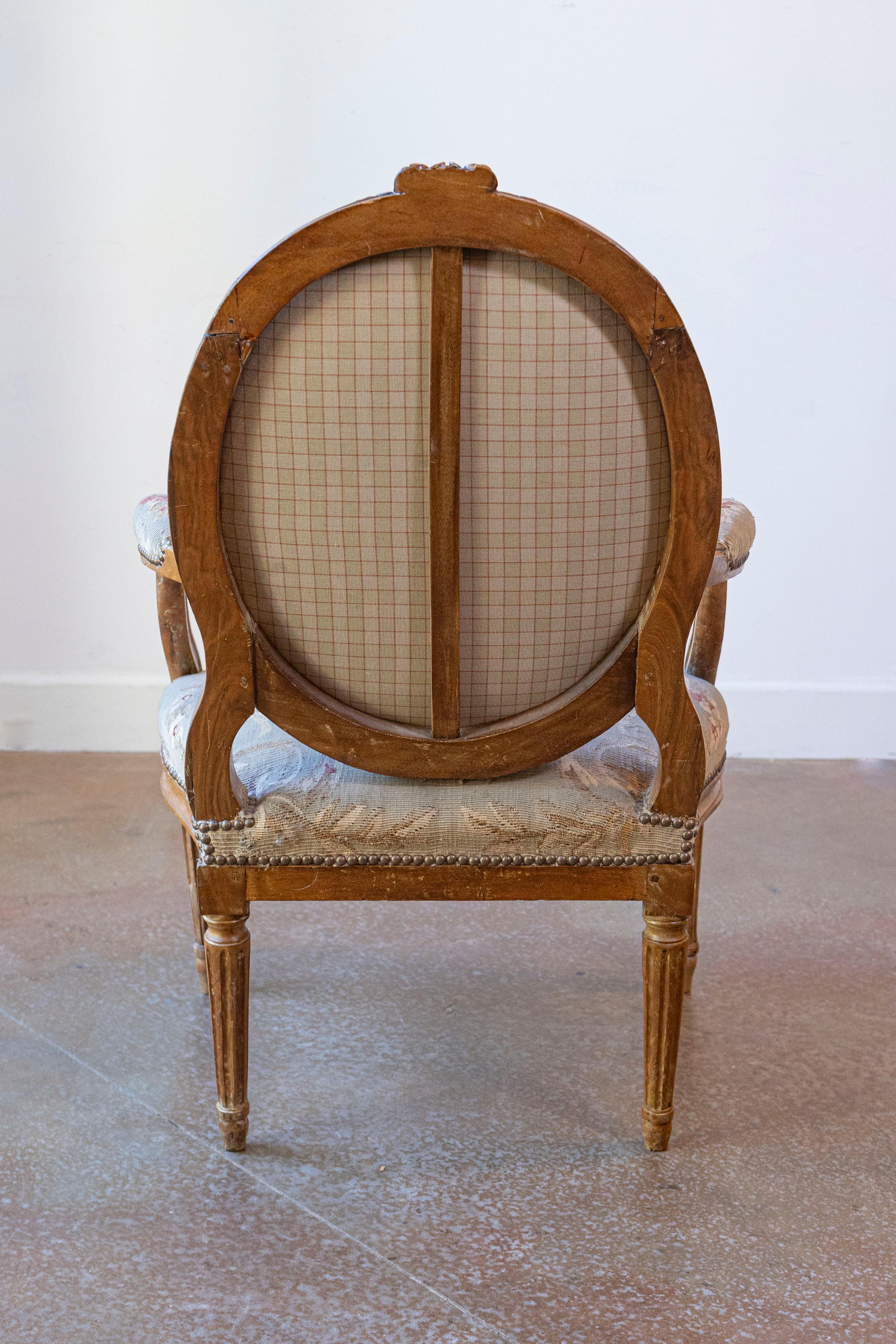 18th Century and Earlier French Louis XVI Period 18th Century Armchair with Floral Tapestry Upholstery For Sale