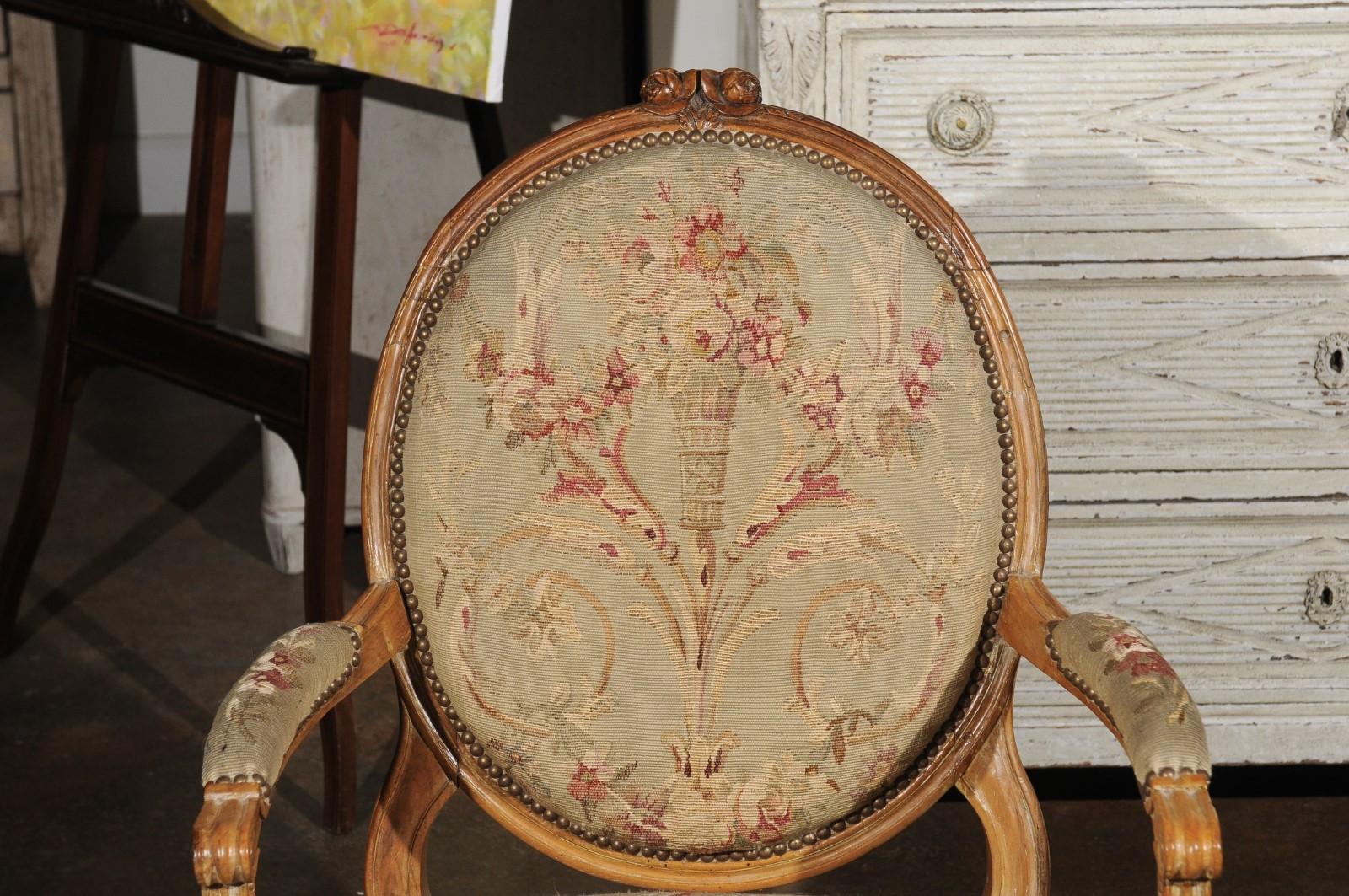 French Louis XVI Period 18th Century Armchair with Floral Tapestry Upholstery For Sale 1