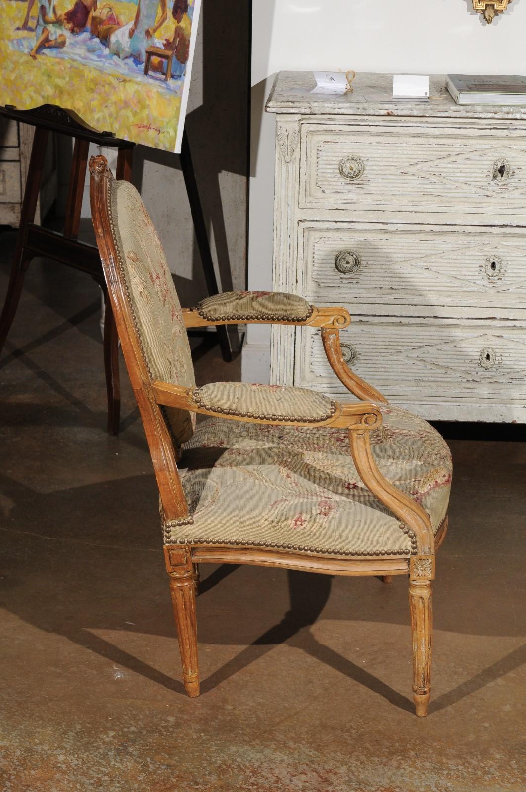 French Louis XVI Period 18th Century Armchair with Floral Tapestry Upholstery For Sale 2