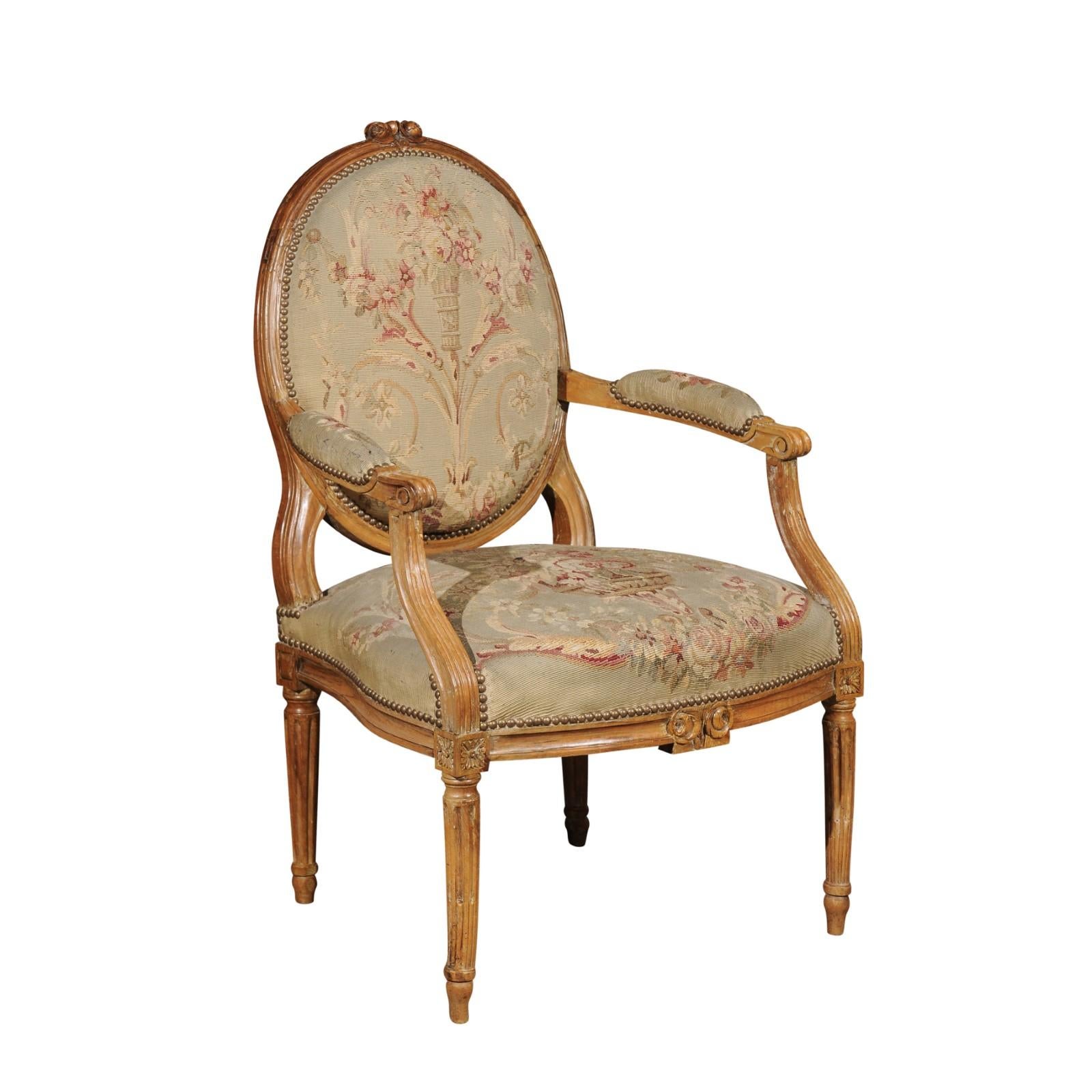 French Louis XVI Period 18th Century Armchair with Floral Tapestry Upholstery For Sale