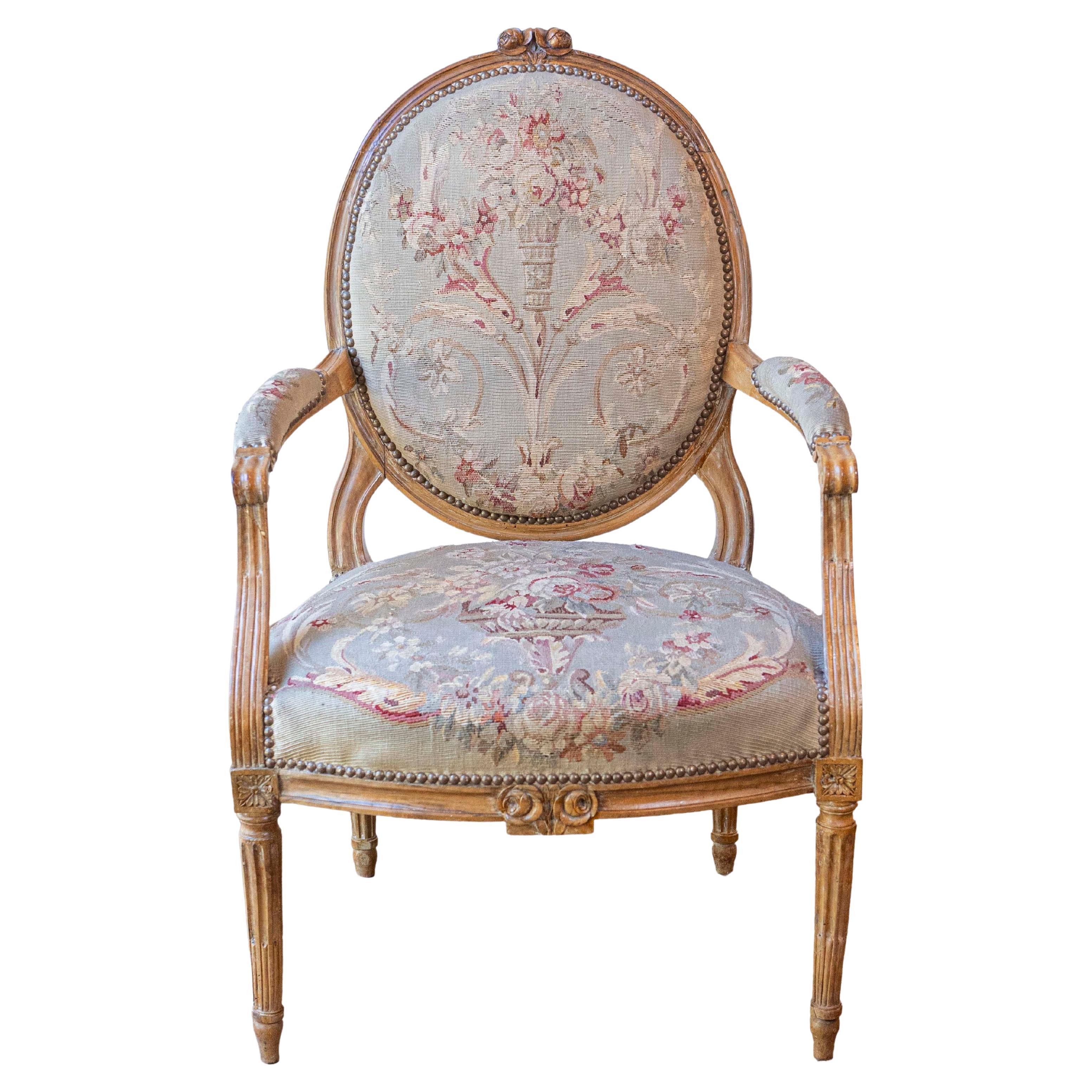 French Louis XVI Period 18th Century Armchair with Floral Tapestry Upholstery