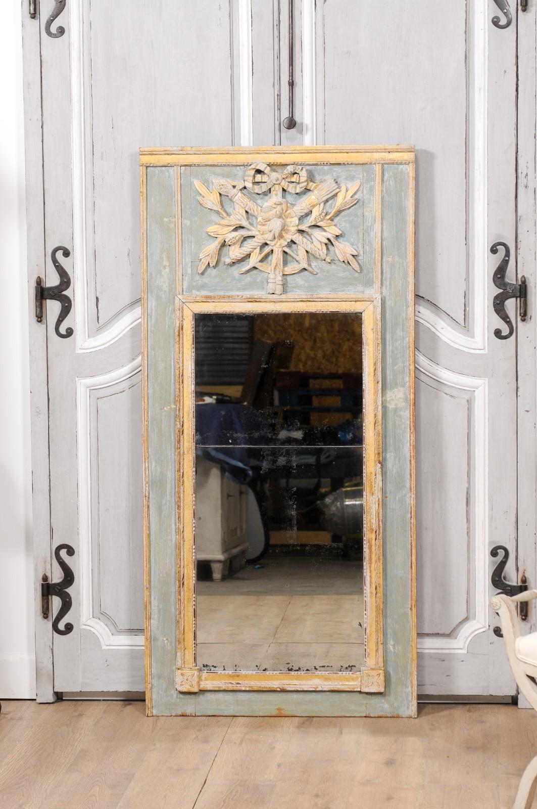 Carved French Louis XVI Period 18th Century Painted and Parcel Gilt Trumeau Mirror For Sale