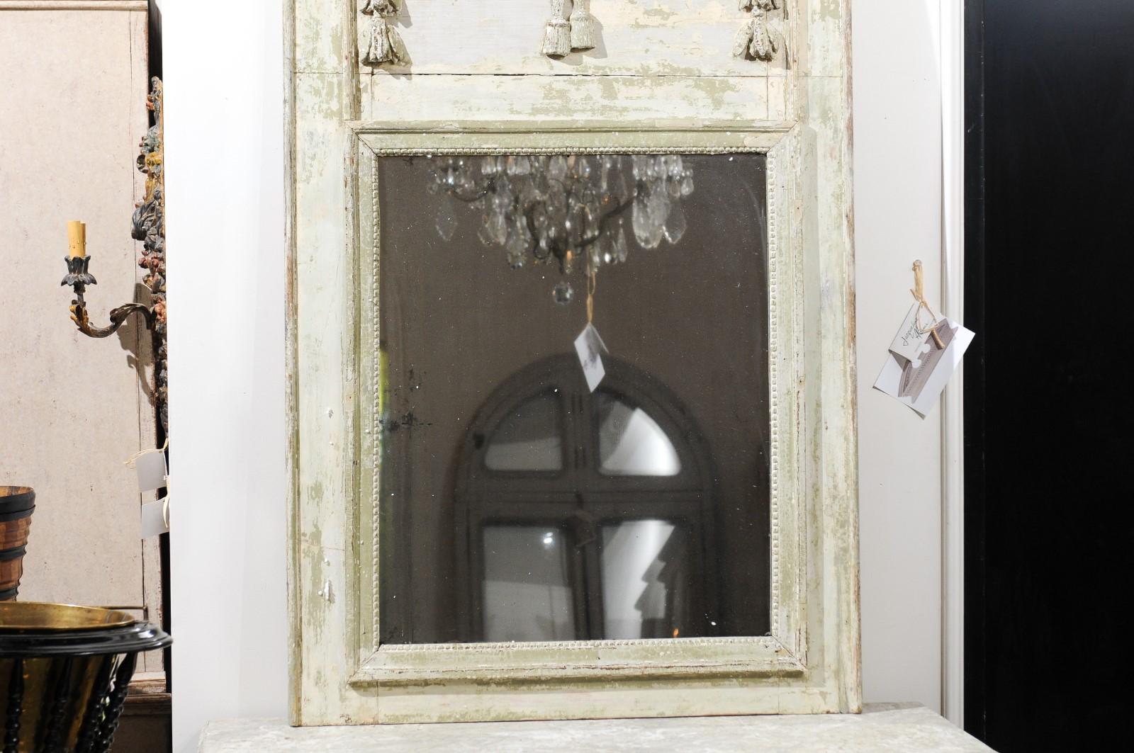 18th Century and Earlier French Louis XVI Period 18th Century Painted Trumeau Mirror with Carved Garland