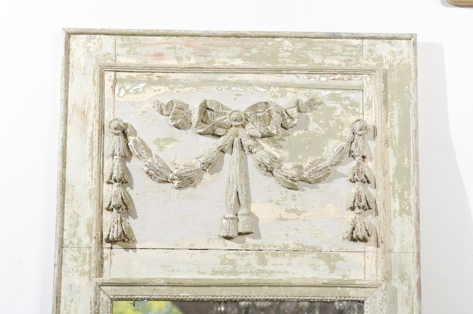 French Louis XVI Period 18th Century Painted Trumeau Mirror with Carved Garland 1