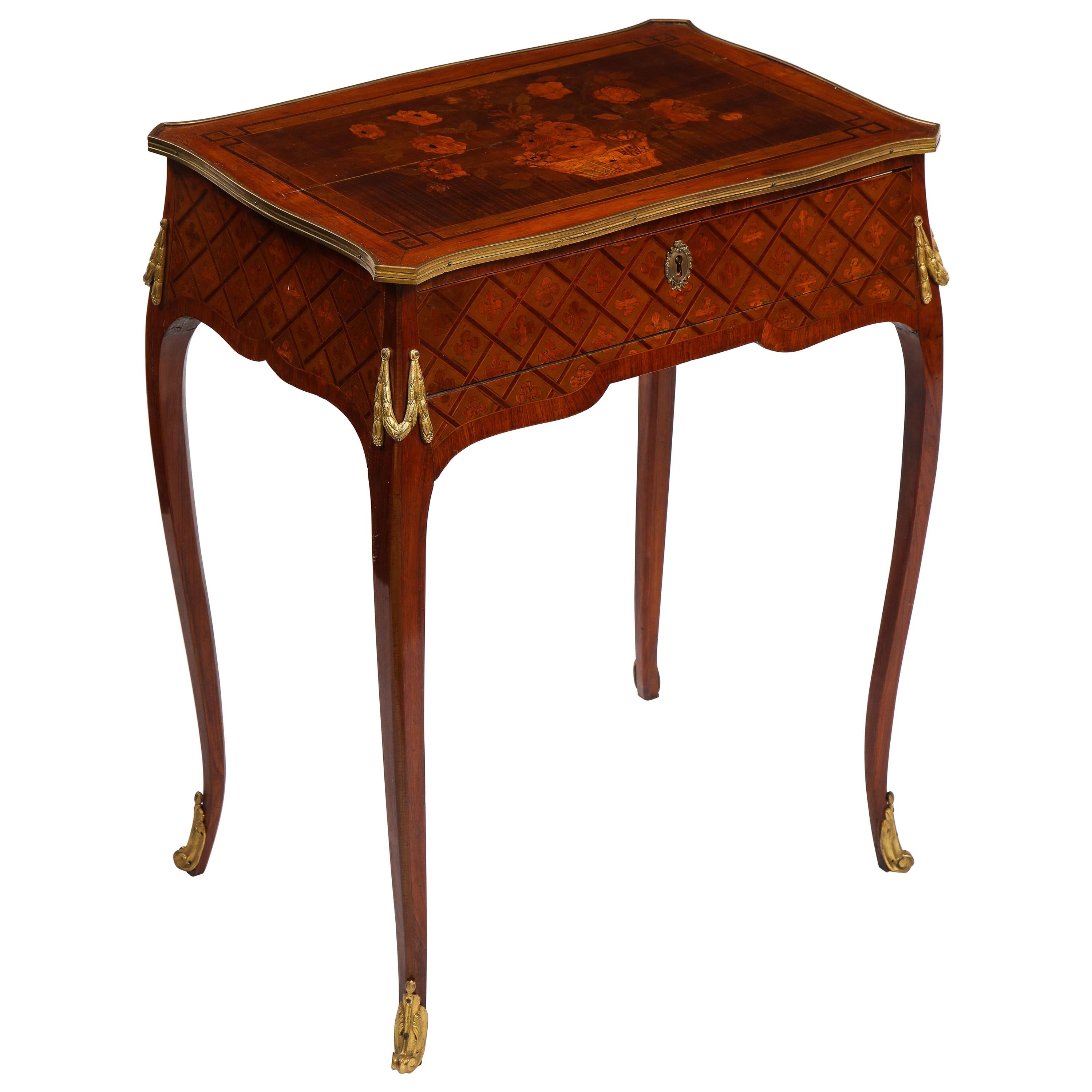 French Louis XVI Period Dore Bronze Mounted Marquetry and Parquetry Side Table