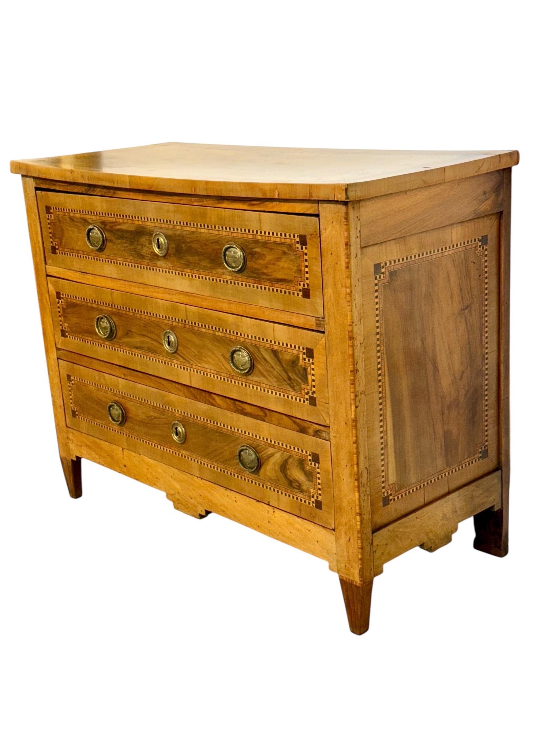 French Louis XVI Period Fruitwood and Walnut Marquetry Commode, 18th Century For Sale 4