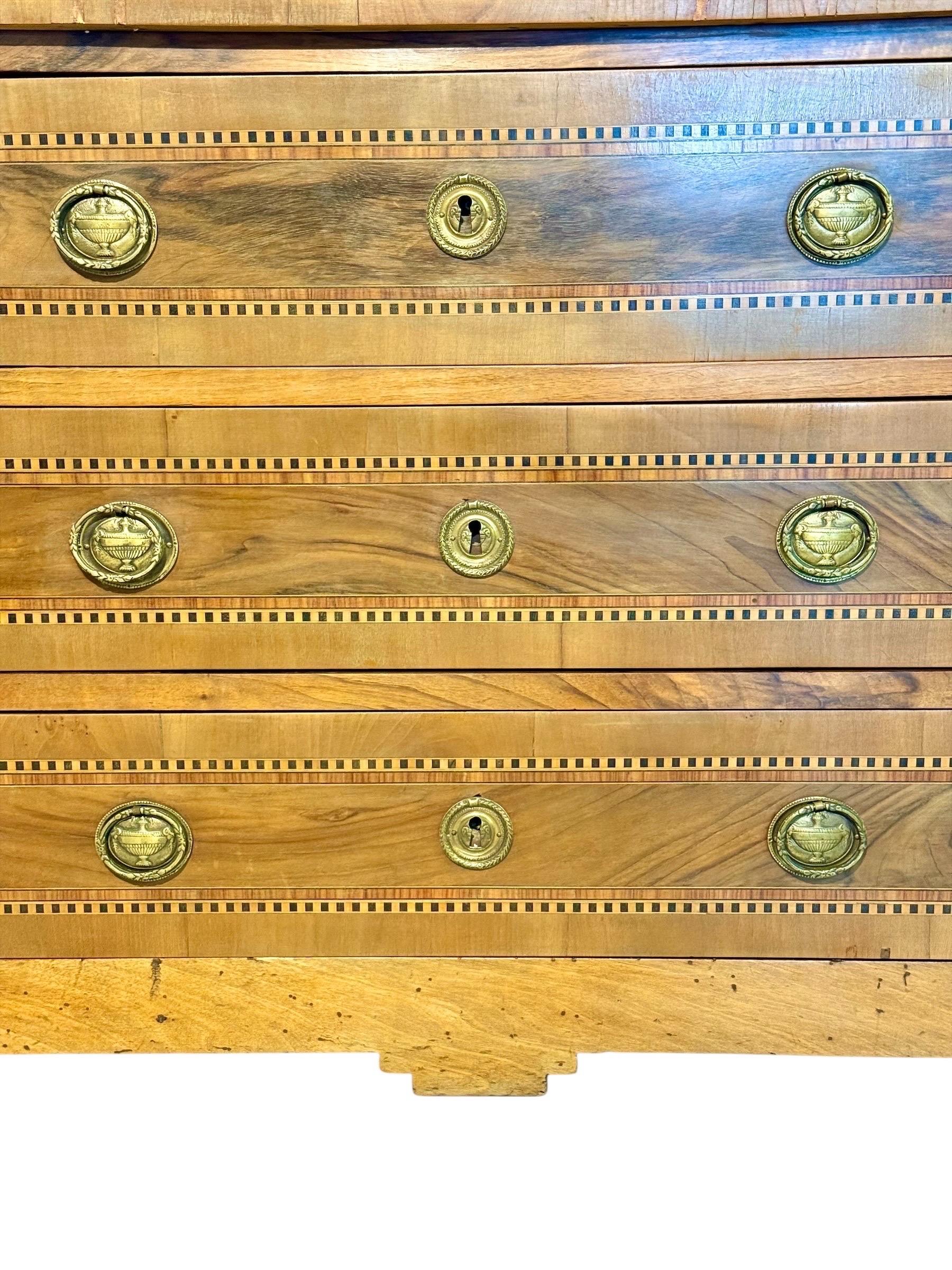 Gilt French Louis XVI Period Fruitwood and Walnut Marquetry Commode, 18th Century For Sale