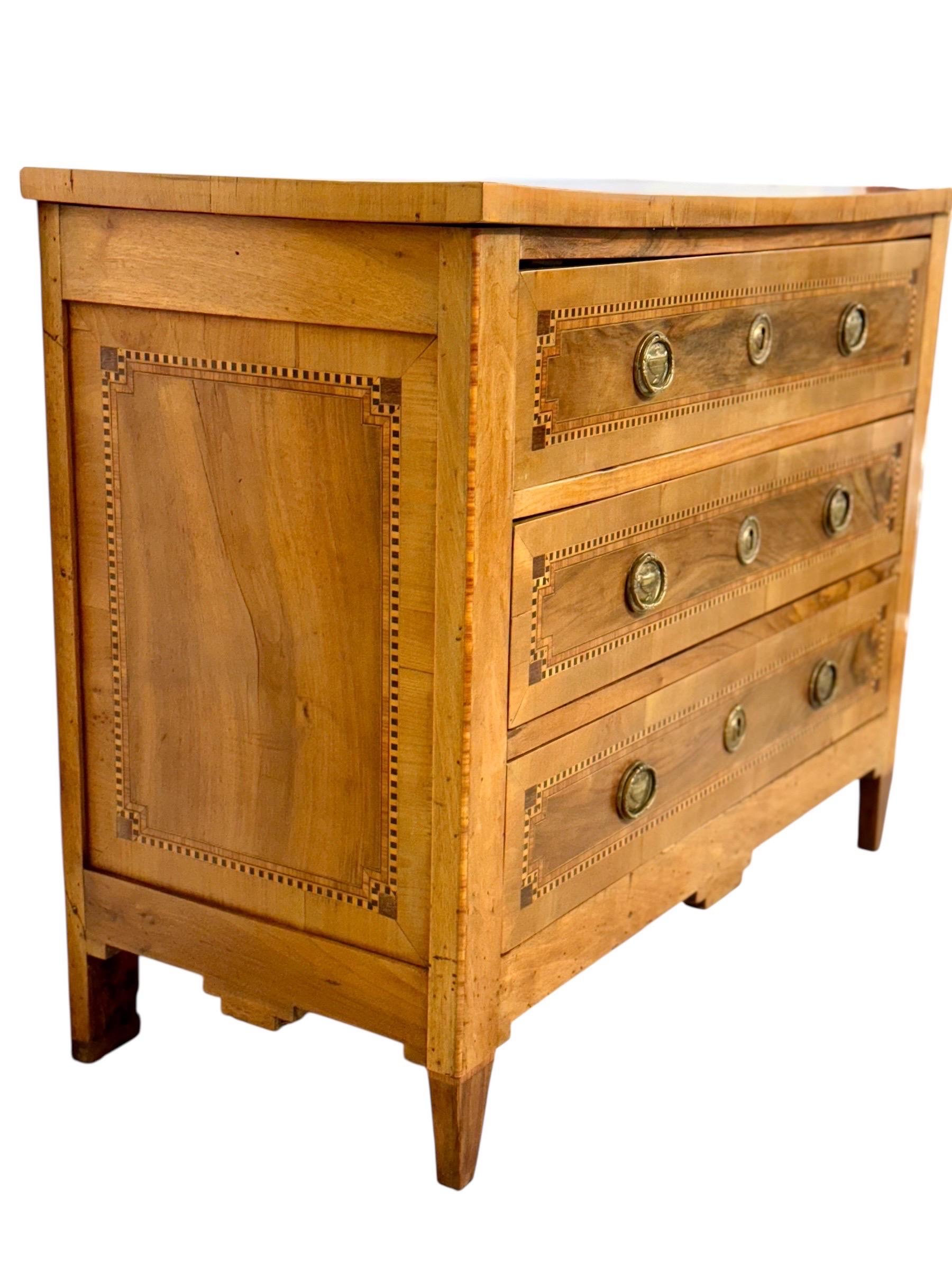 Bronze French Louis XVI Period Fruitwood and Walnut Marquetry Commode, 18th Century For Sale