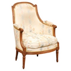 French Louis XVI Period Late 18th Century Walnut Bergère Chair with Curving Back