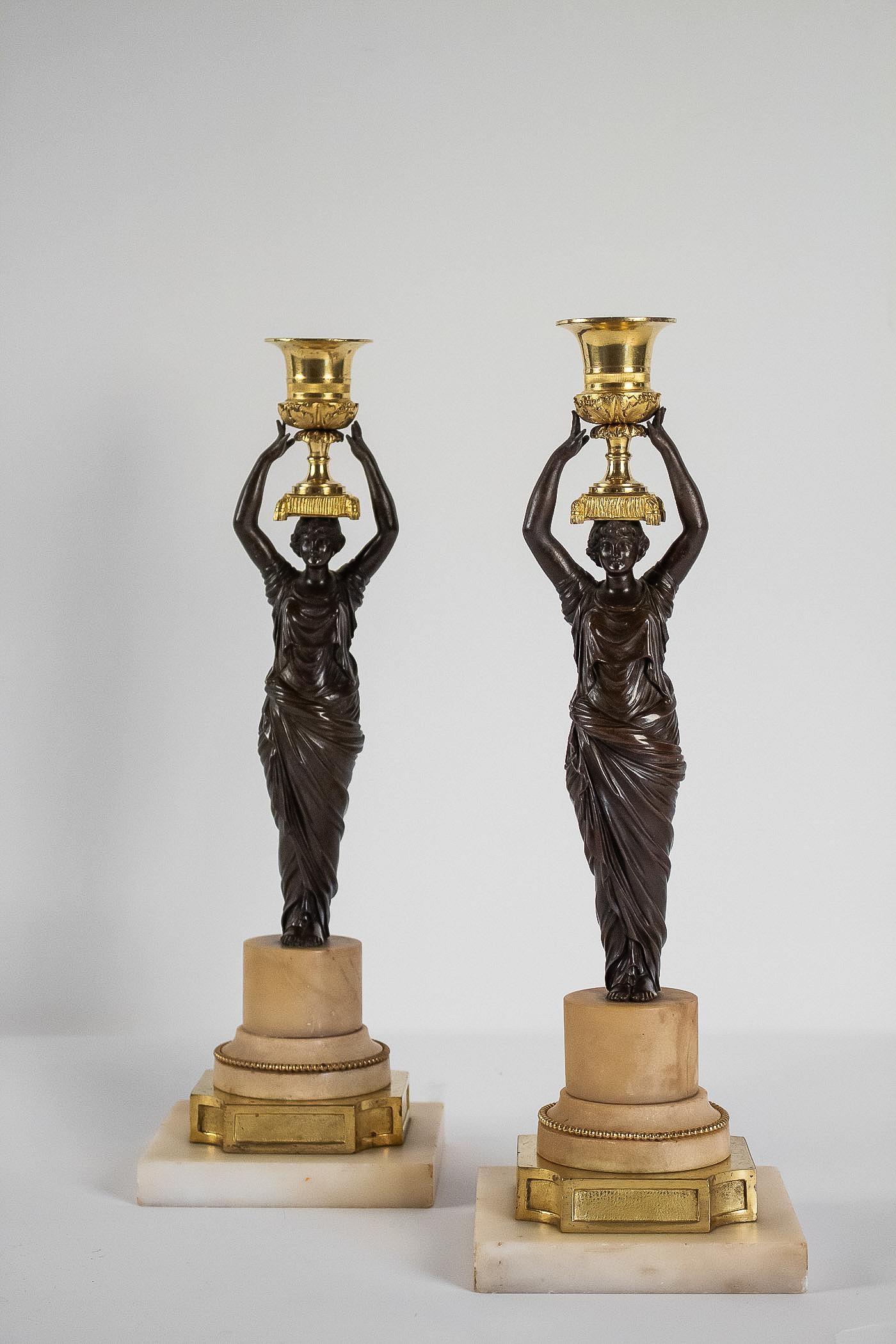 French Louis XVI Period, Pair of Patinated and Gilded Candlesticks, circa 1780 For Sale 5