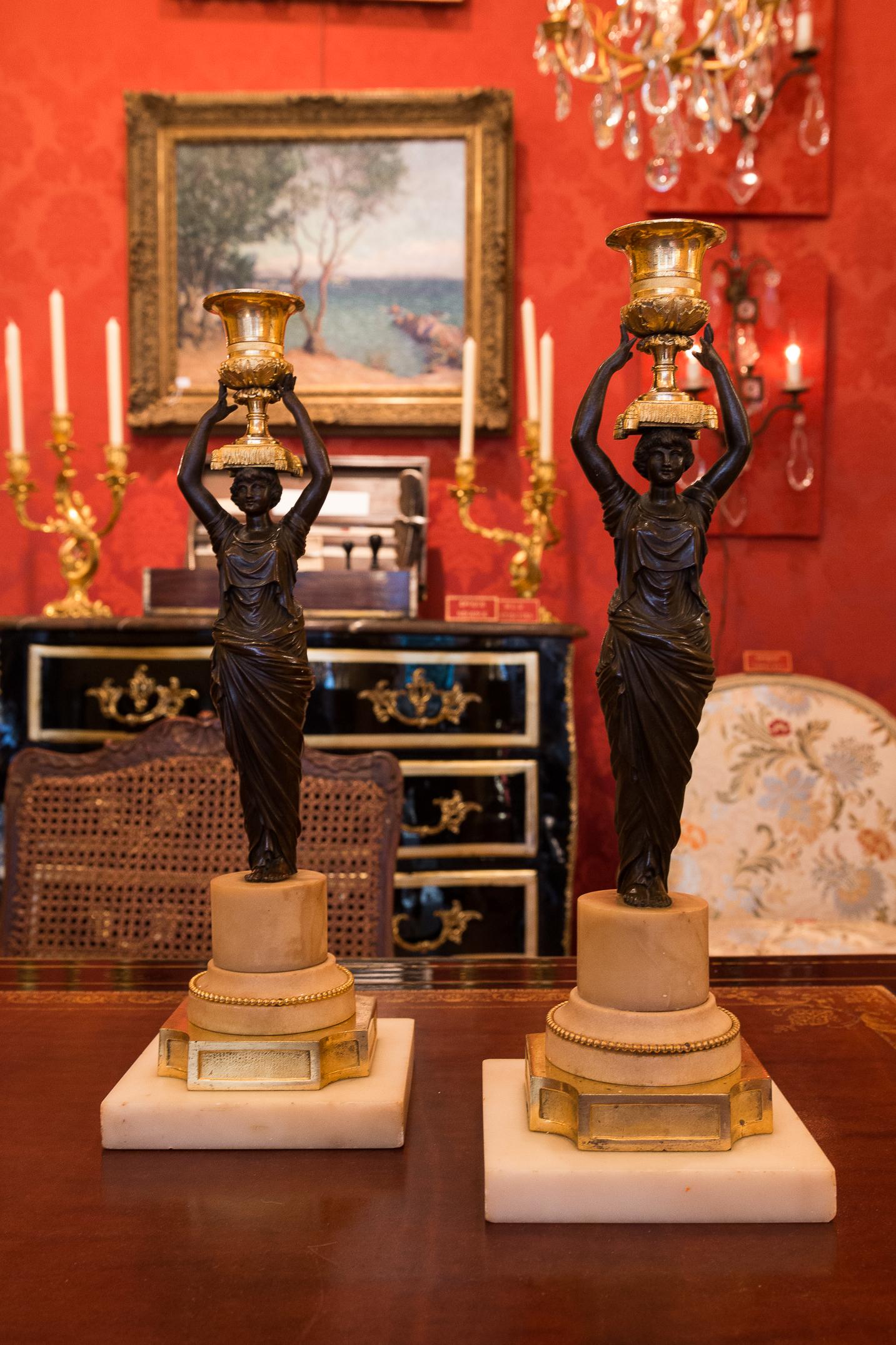 French Louis XVI Period, Pair of Patinated and Gilded Candlesticks, circa 1780 For Sale 6