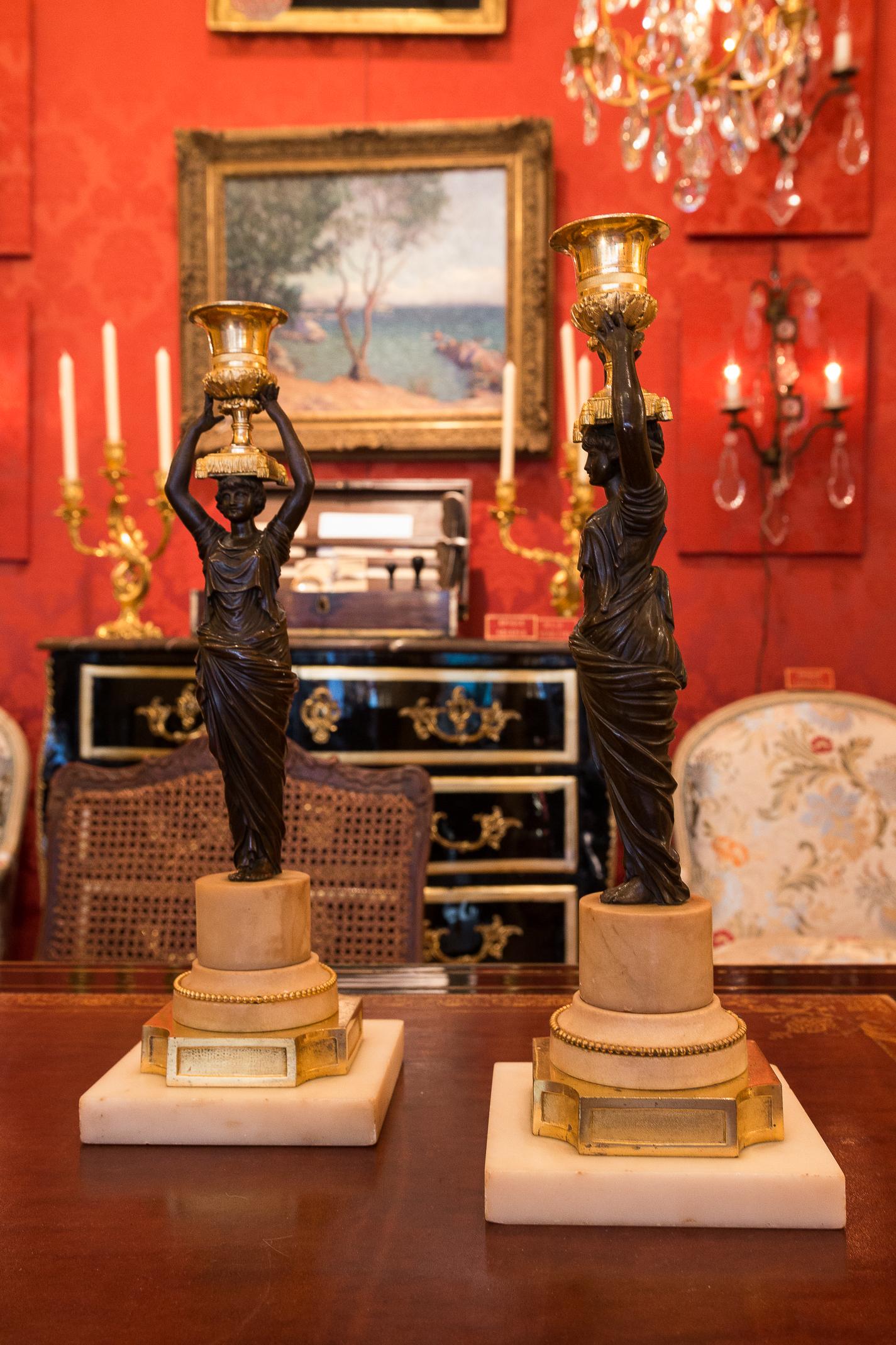 French Louis XVI Period, Pair of Patinated and Gilded Candlesticks, circa 1780 For Sale 7
