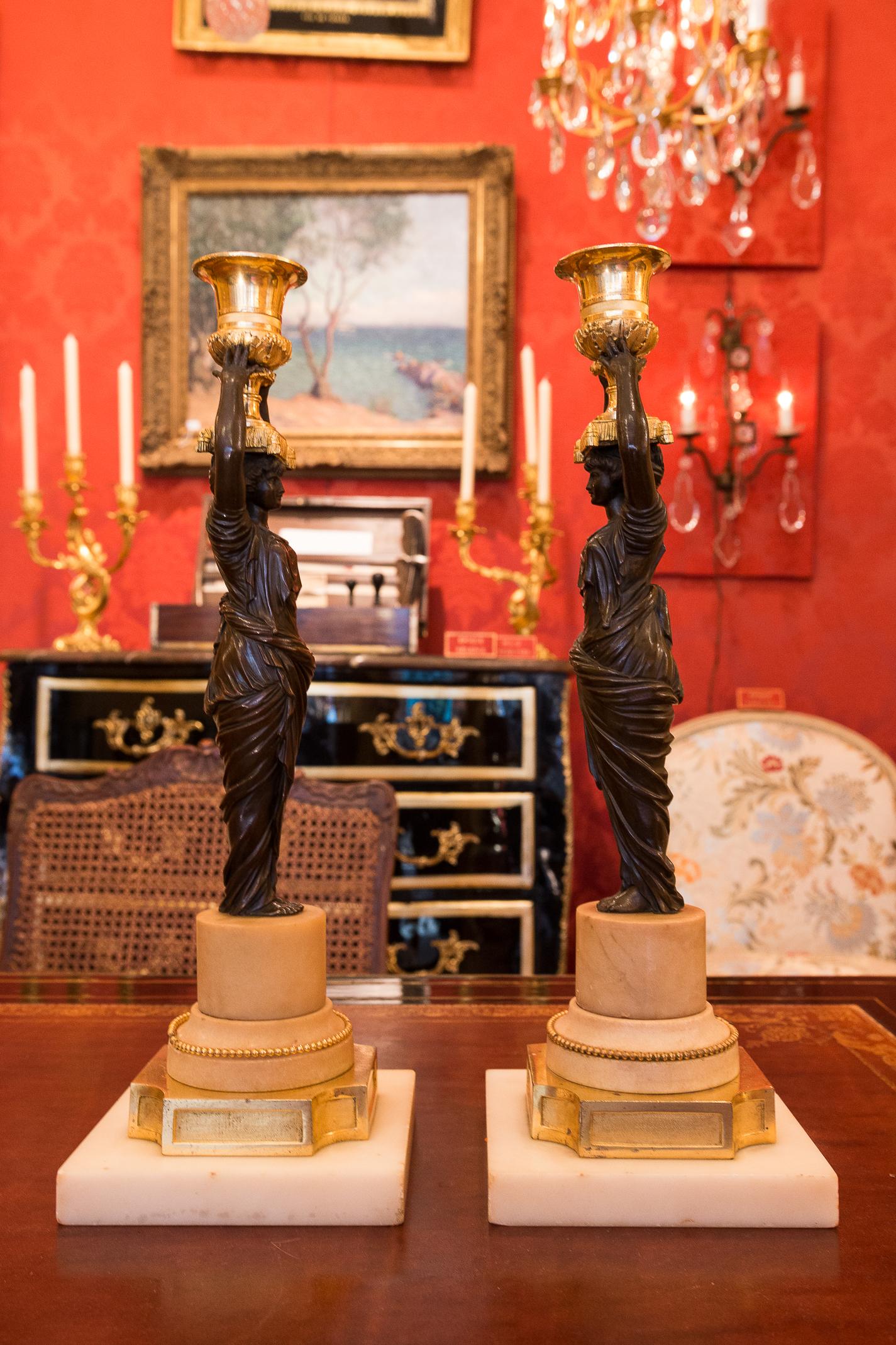 French Louis XVI Period, Pair of Patinated and Gilded Candlesticks, circa 1780 For Sale 8