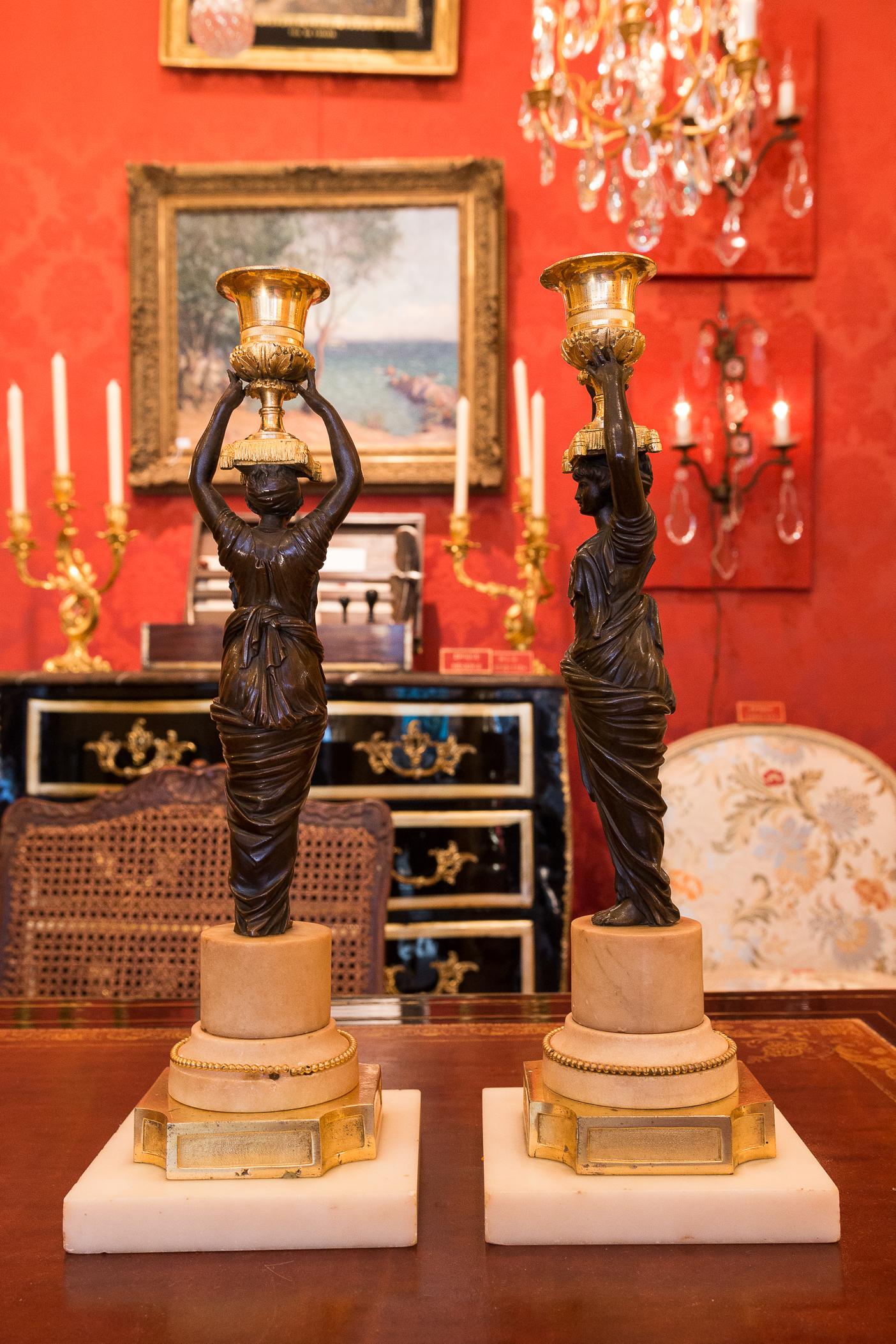 French Louis XVI Period, Pair of Patinated and Gilded Candlesticks, circa 1780 For Sale 9