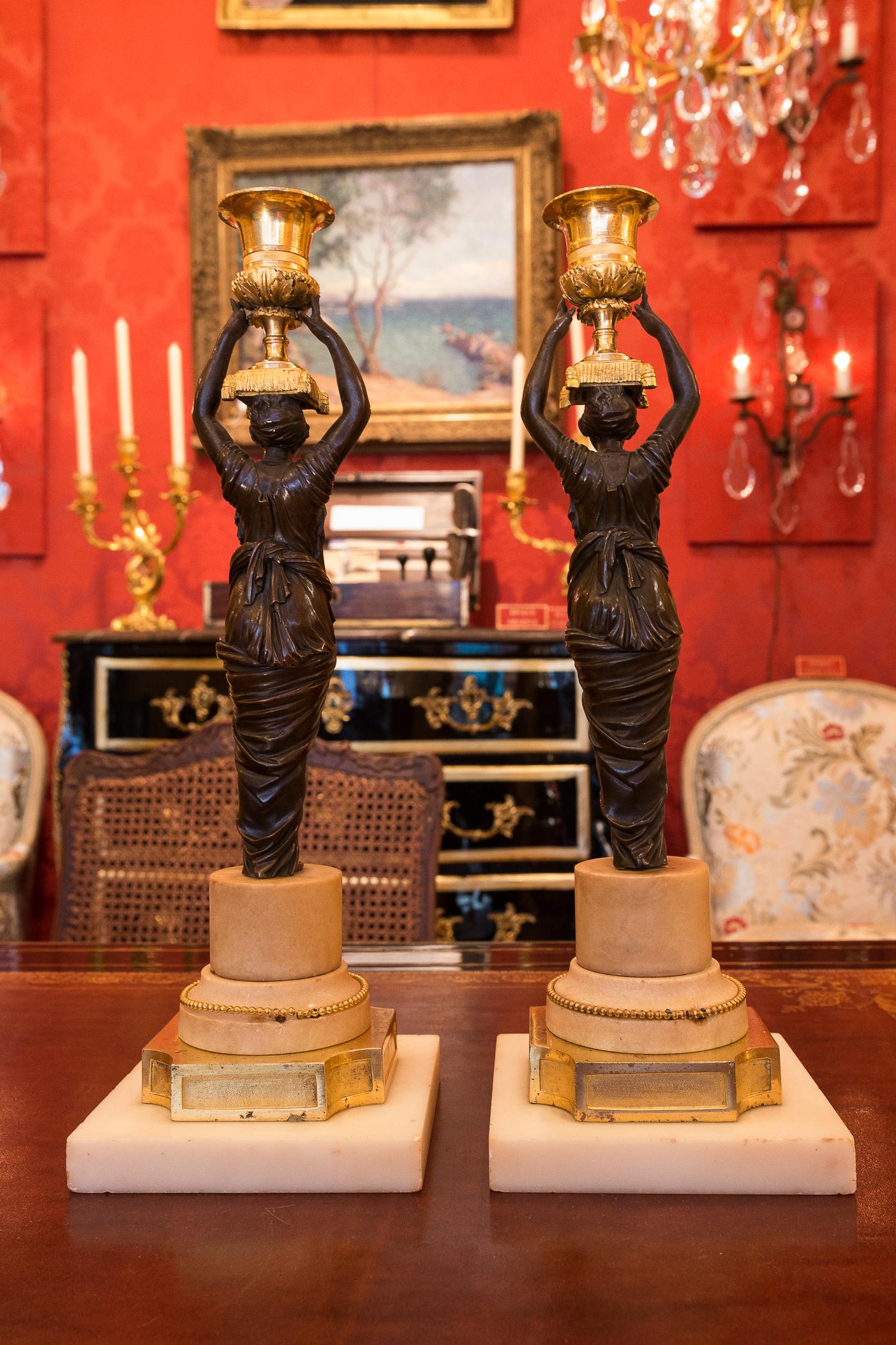 French Louis XVI Period, Pair of Patinated and Gilded Candlesticks, circa 1780 For Sale 10