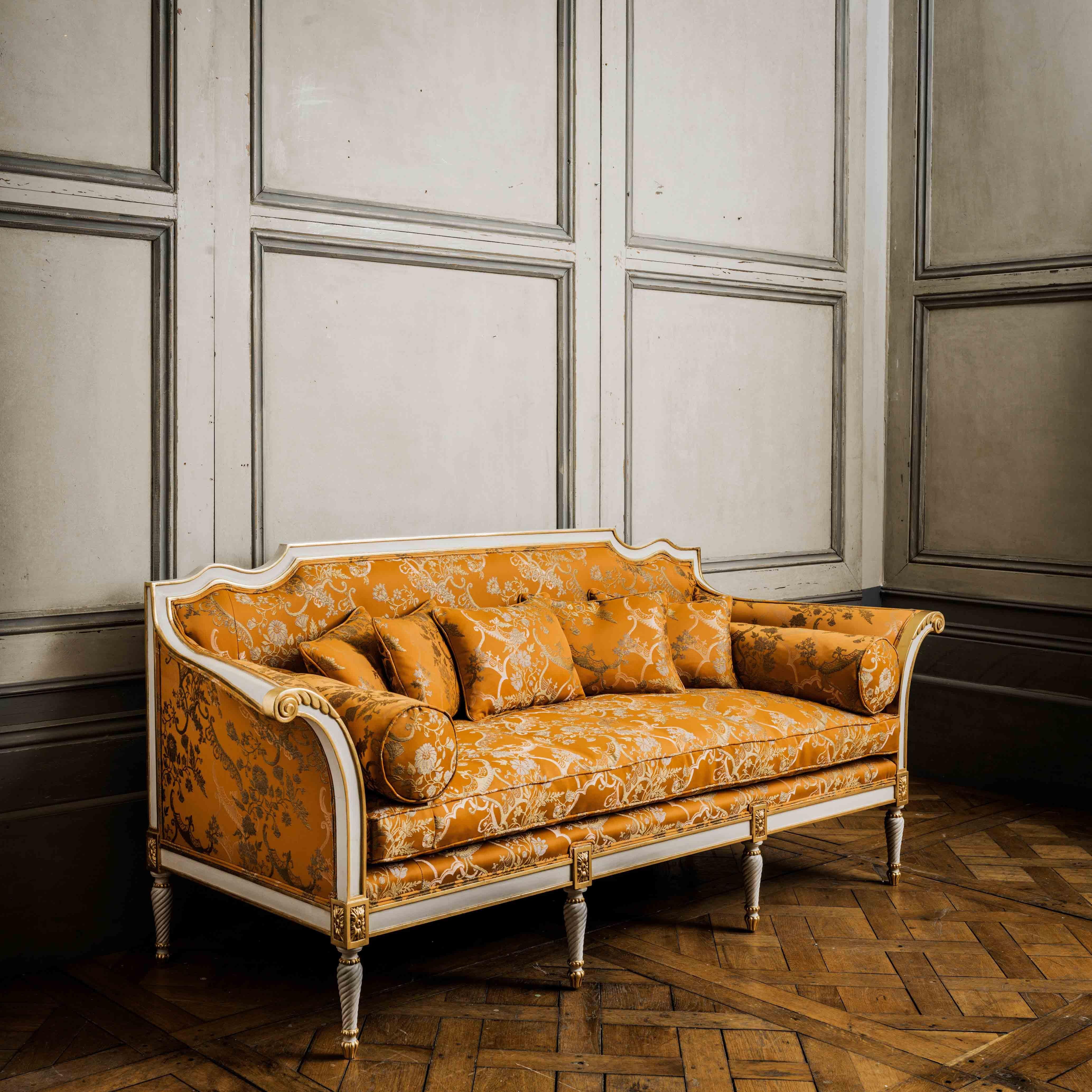 Hand-Carved French Louis XVI Period Style Sofa with Scroll Arms Made by La Maison london For Sale