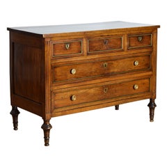 Antique French Louis XVI Period Walnut & Brass Mounted 5-Drawer Commode, ca. 1790