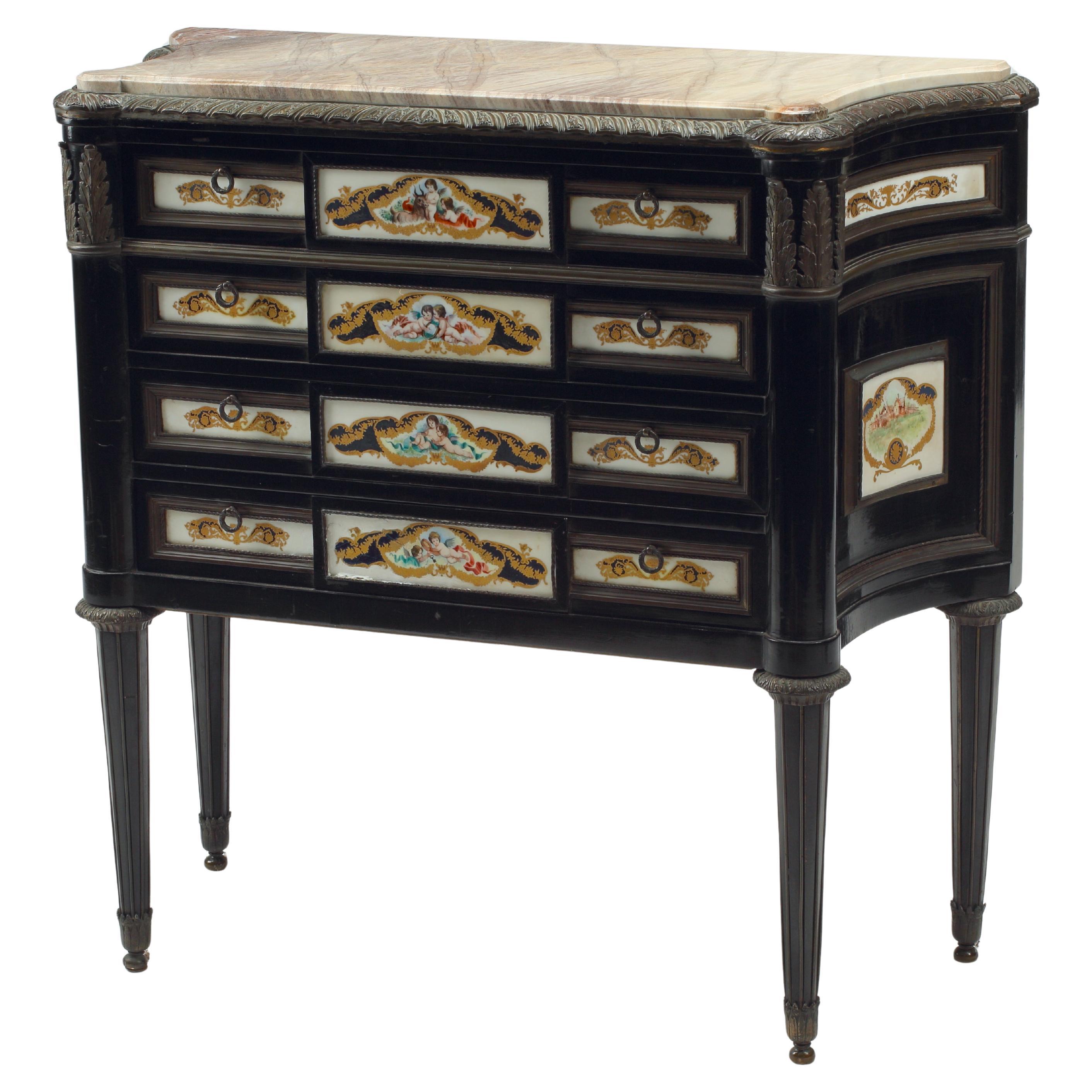 French Louis XVI Style Petite Commode with Bronze and Porcelain Mountings