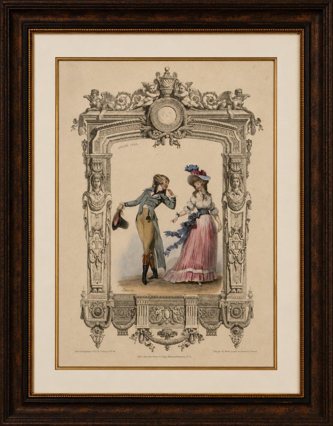 French Louis XVI Promenade Costume Lithograph, 1792 – Published 1847