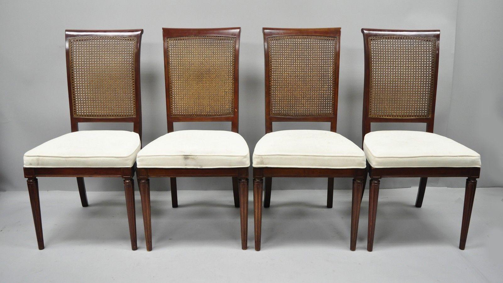 American French Louis XVI Provincial Style Cane Back Cherry Wood Dining Chairs Set of Six