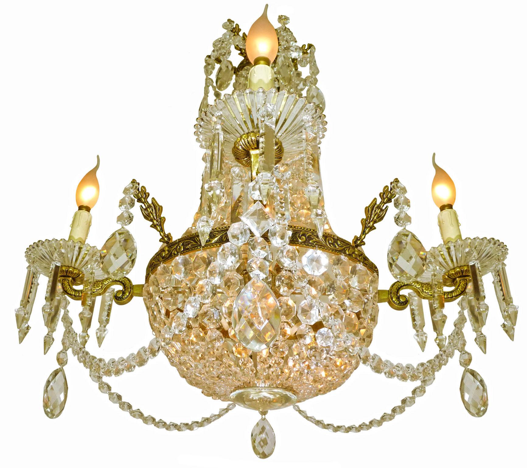 Hollywood Regency French Louis XVI Regency Empire Cut Crystal & Bronze 10-Light Basket Chandelier For Sale
