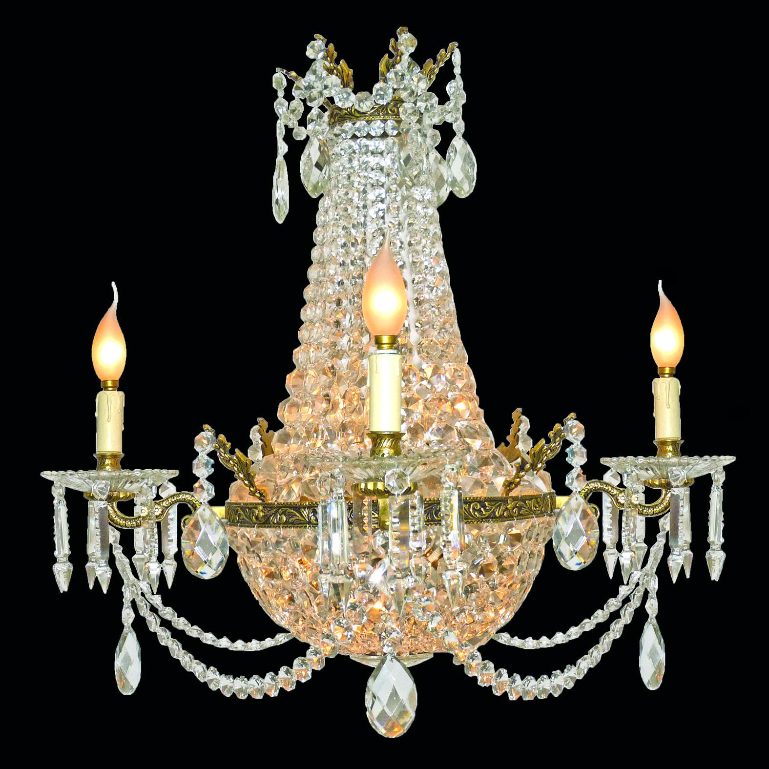 20th Century French Louis XVI Regency Empire Cut Crystal & Bronze 10-Light Basket Chandelier For Sale