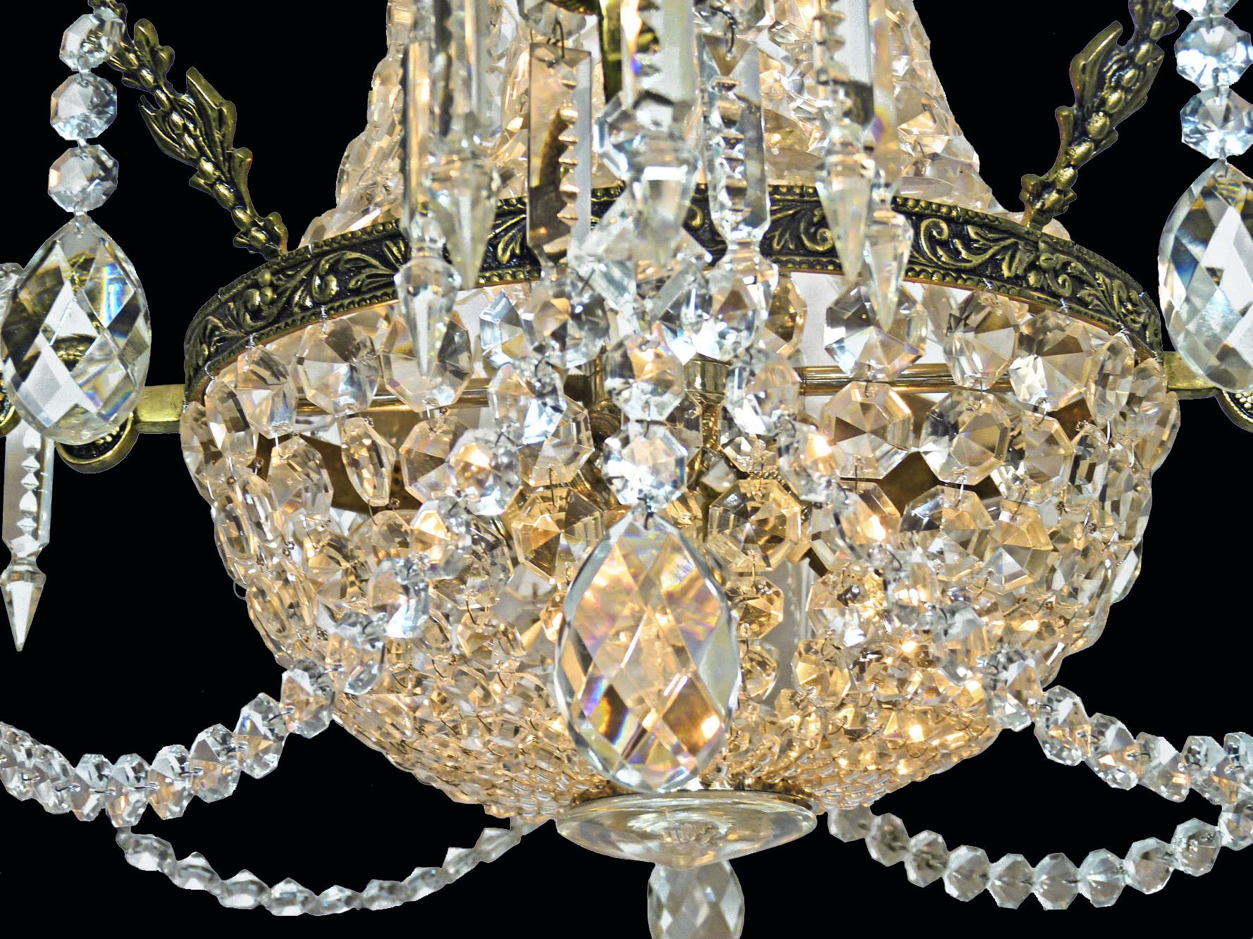 French Louis XVI Regency Empire Cut Crystal & Bronze 10-Light Basket Chandelier For Sale 3