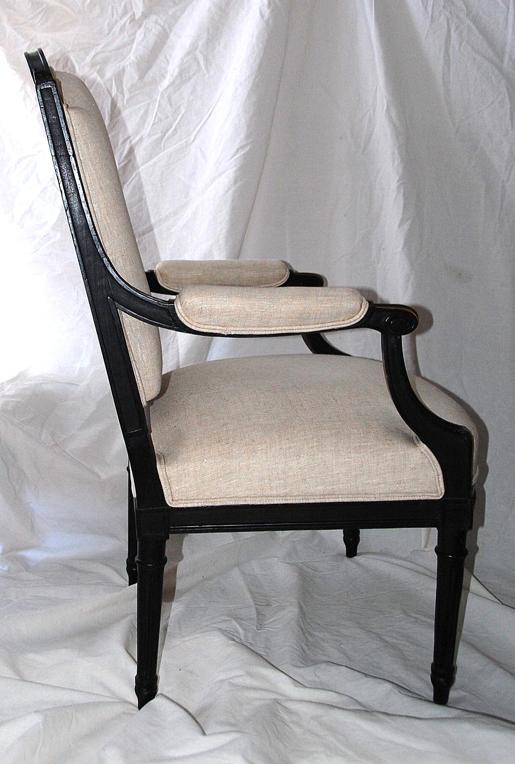 French Louis XVI Revival Ebonized Pair of Upholstered Lounging Chairs, Fauteuils 2