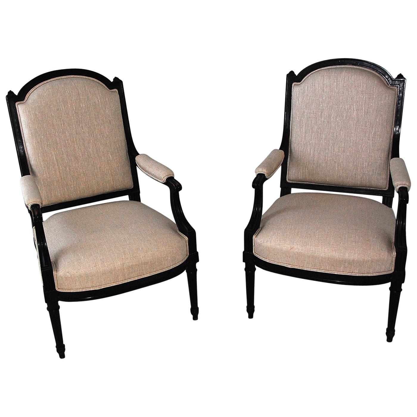 French Louis XVI Revival Ebonized Pair of Upholstered Lounging Chairs, Fauteuils