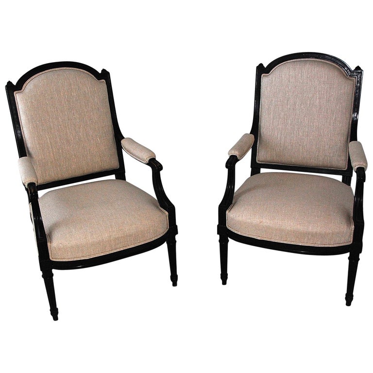French Louis XVI Revival Ebonized Pair of Upholstered Lounging Chairs