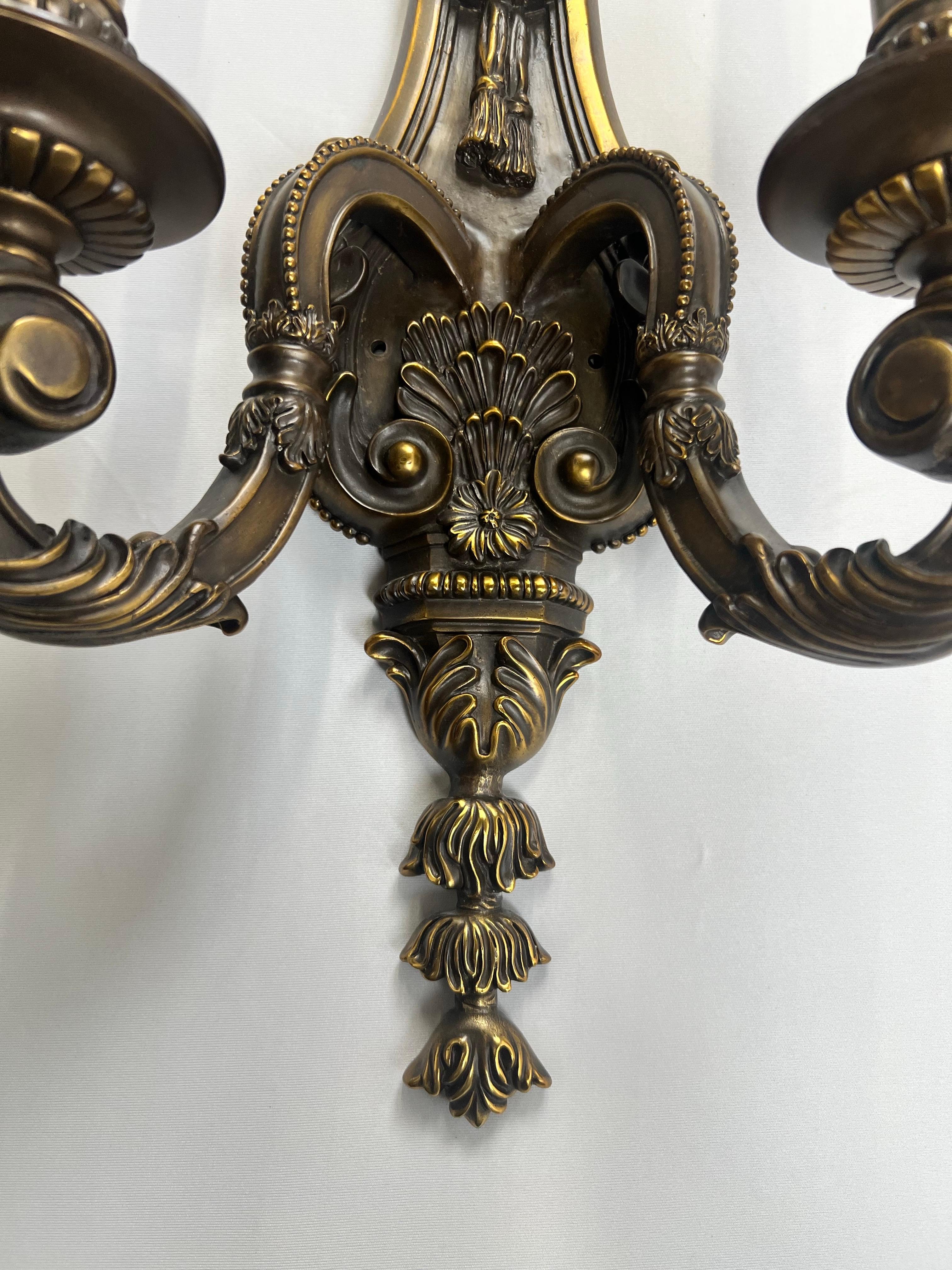 French Louis XVI Revival Style Patinated Bronze Wall Sconce Two Arms,  a Pair For Sale 7