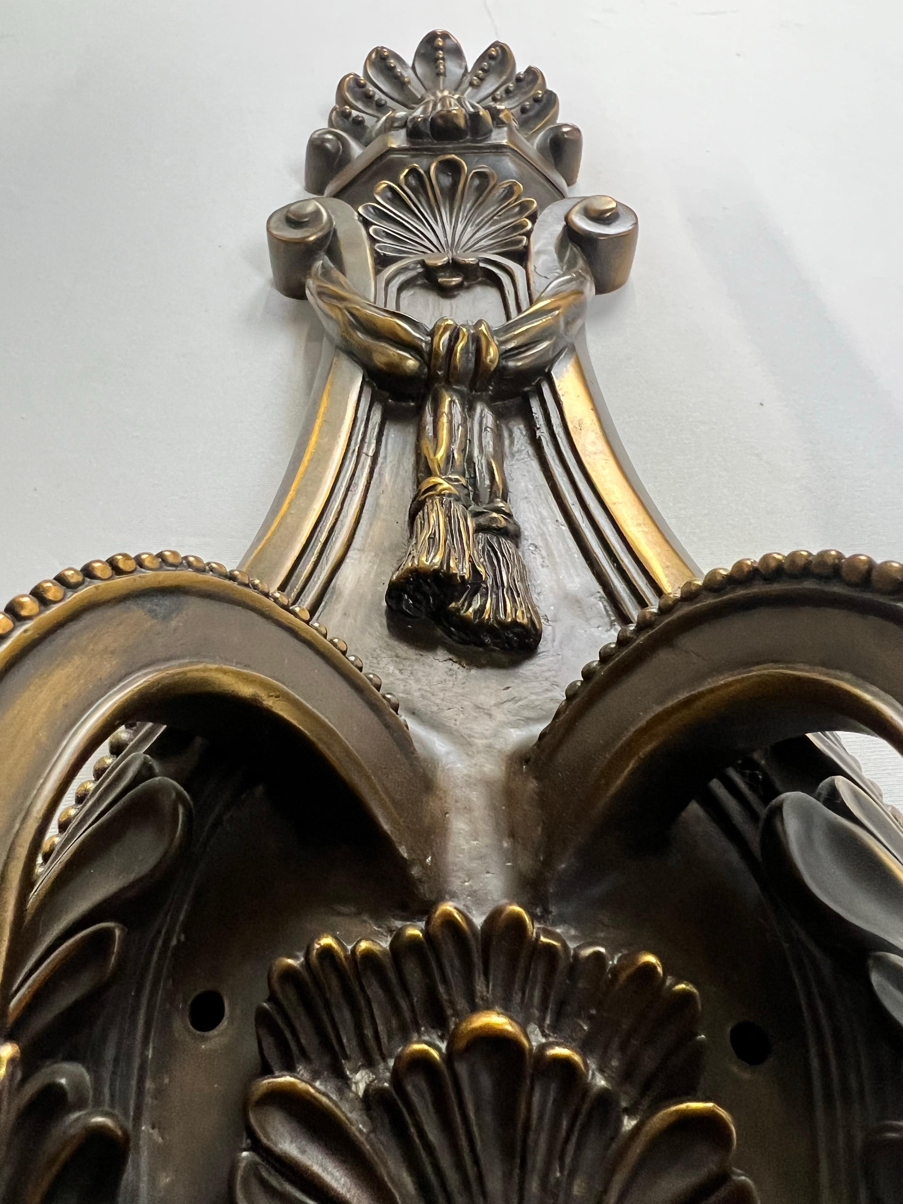 French Louis XVI Revival Style Patinated Bronze Wall Sconce Two Arms,  a Pair For Sale 8