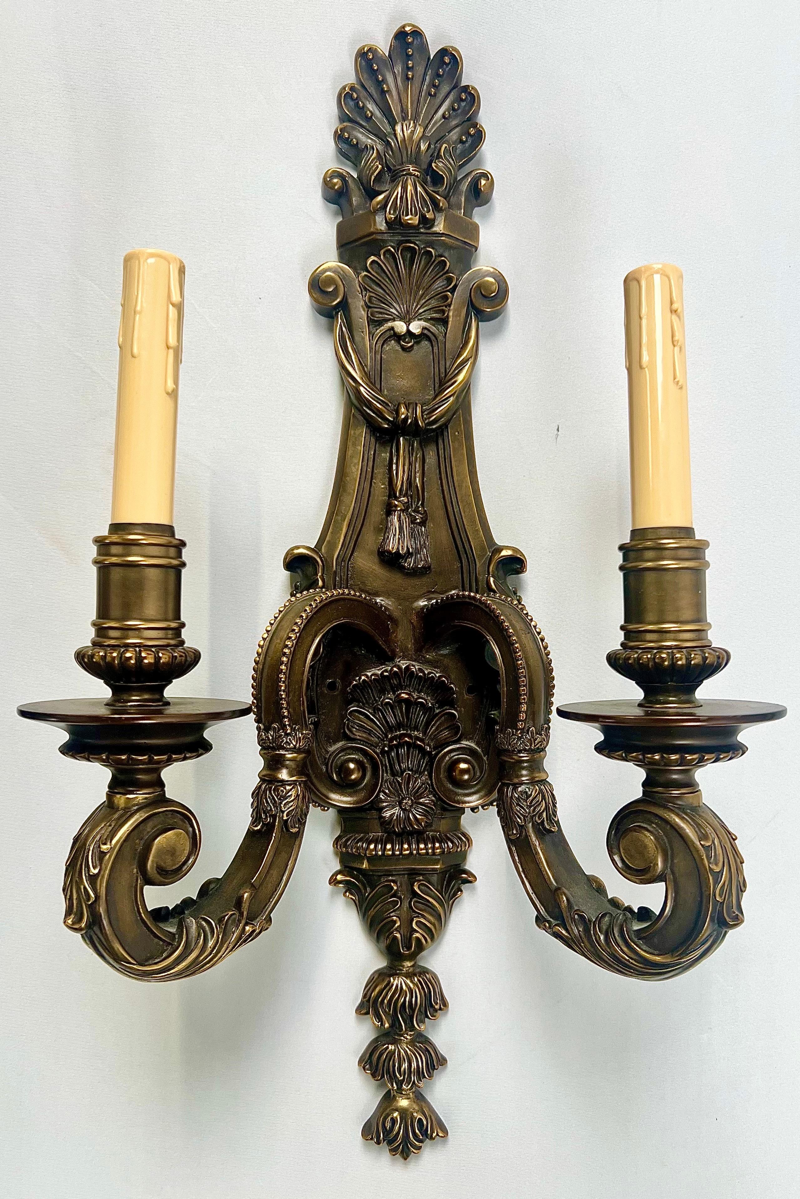 French Louis XVI Revival Style Patinated Bronze Wall Sconce Two Arms,  a Pair In Good Condition For Sale In Plainview, NY