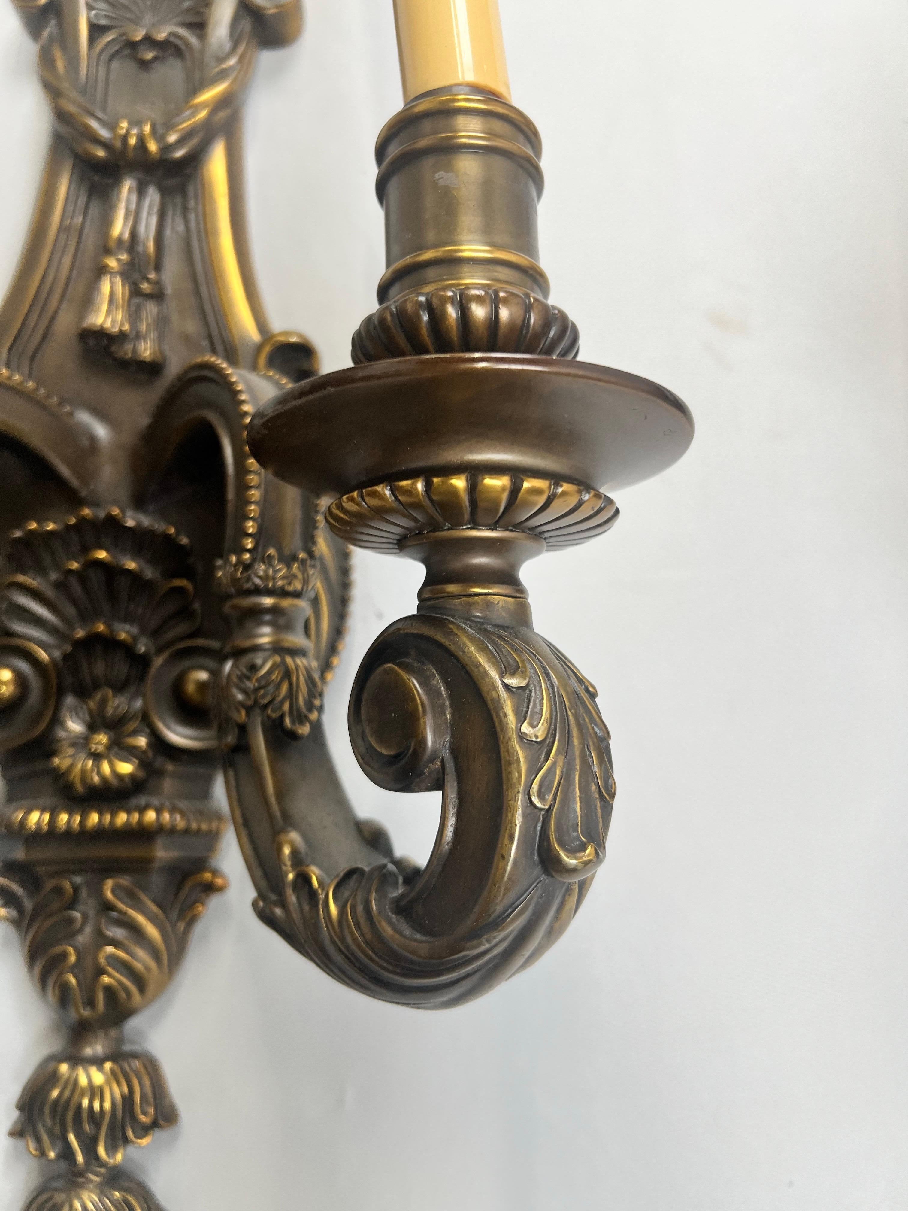 French Louis XVI Revival Style Patinated Bronze Wall Sconce Two Arms,  a Pair For Sale 1