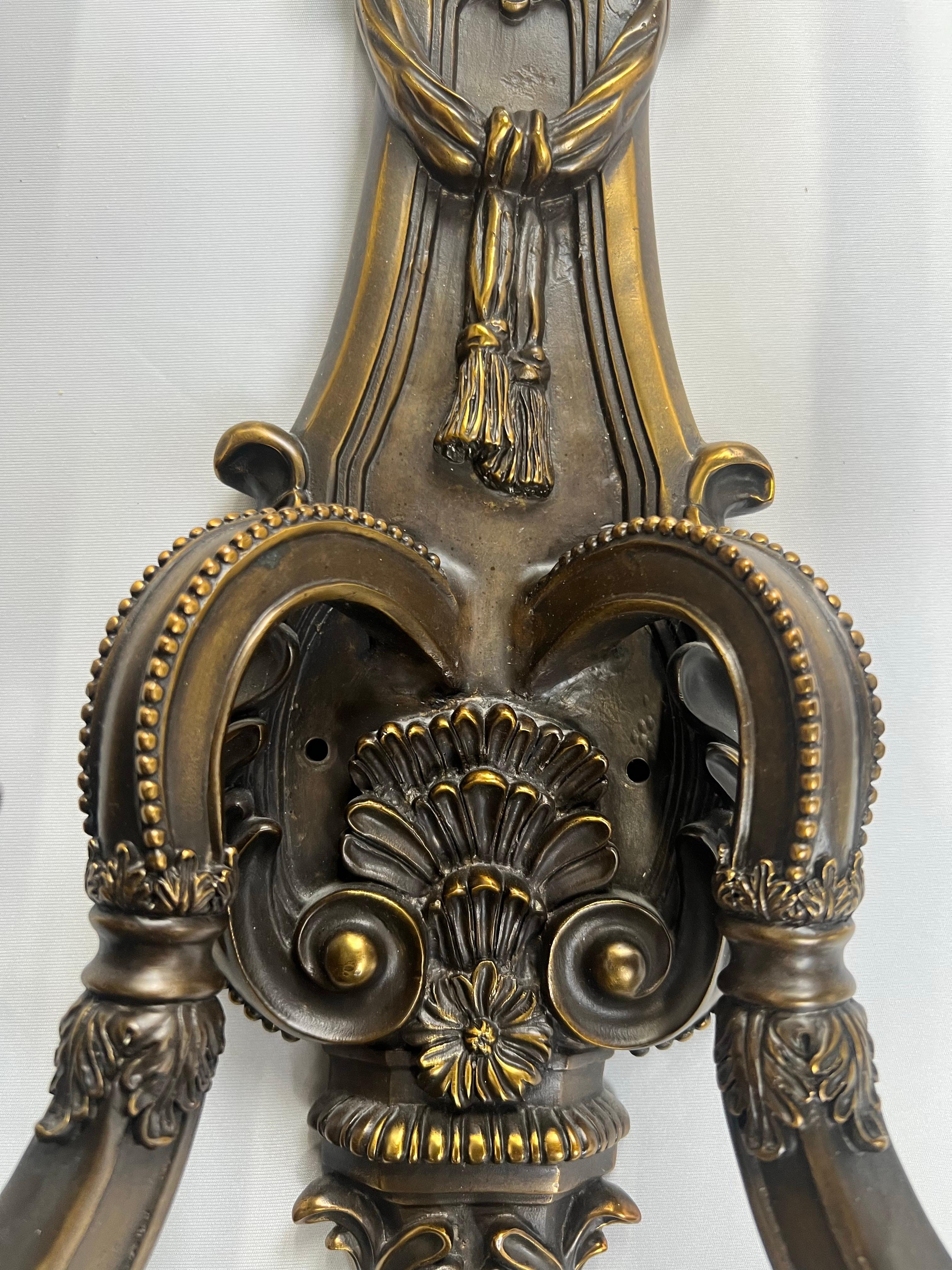 French Louis XVI Revival Style Patinated Bronze Wall Sconce Two Arms,  a Pair For Sale 2