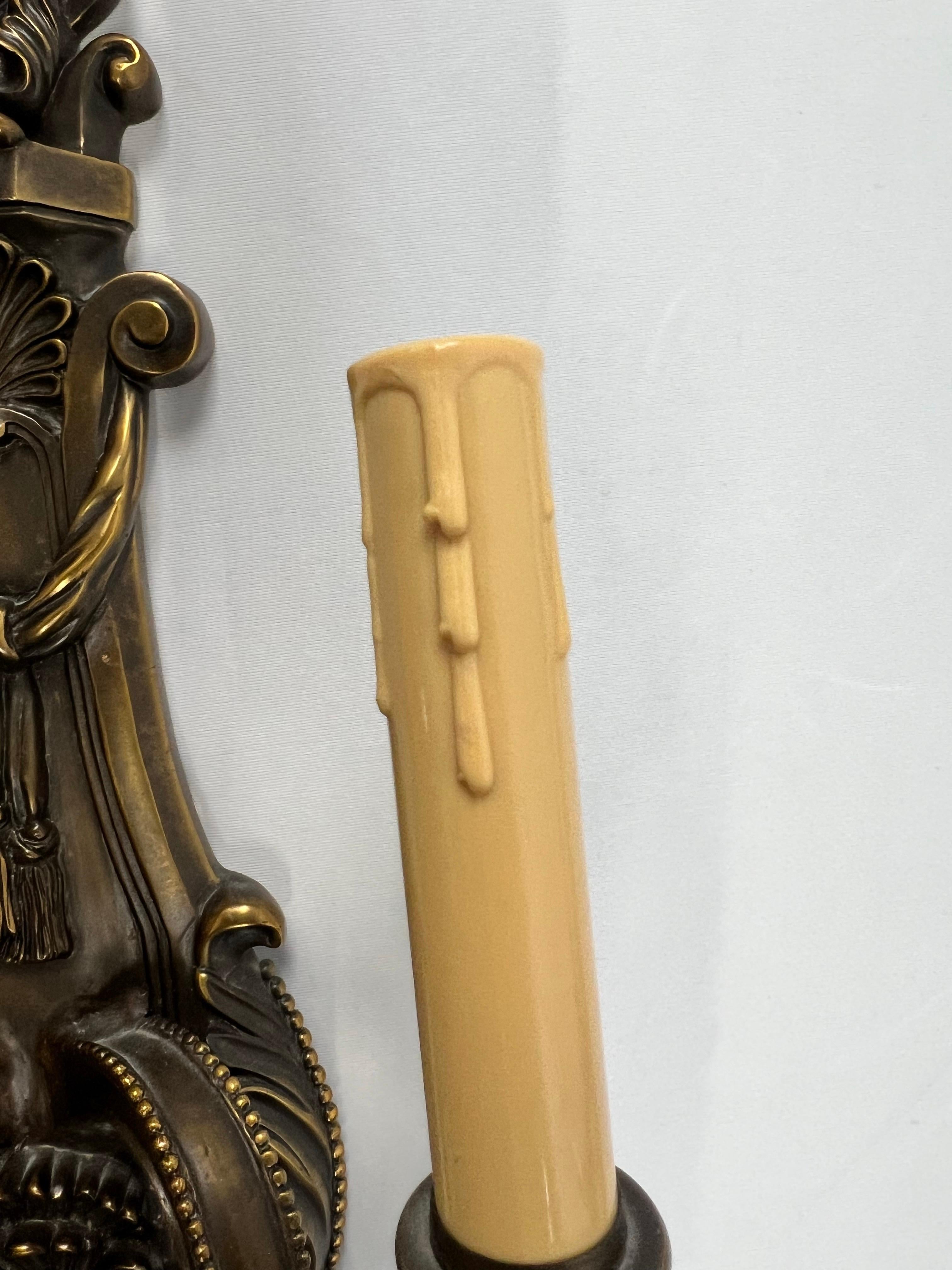 French Louis XVI Revival Style Patinated Bronze Wall Sconce Two Arms,  a Pair For Sale 4