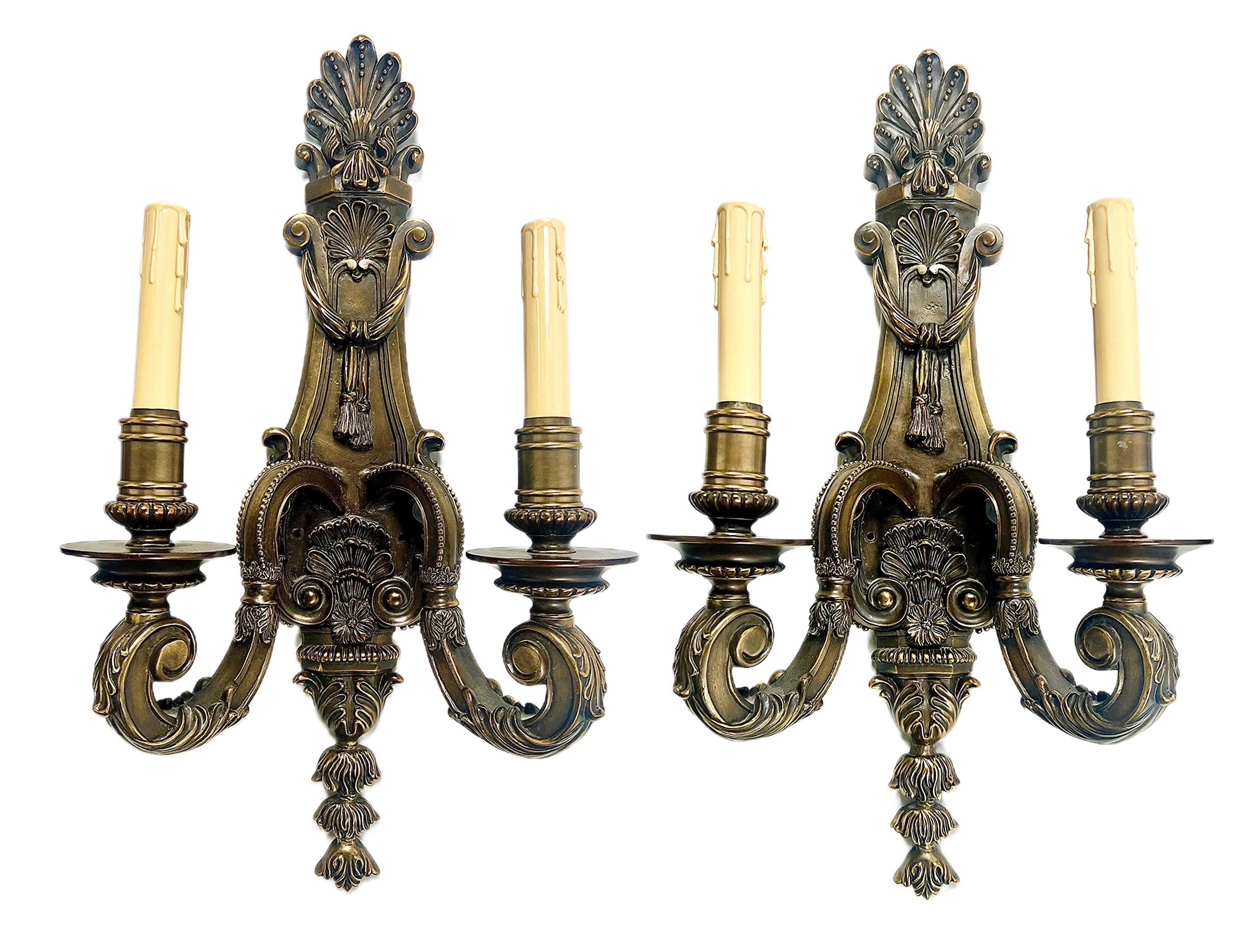 French Louis XVI Revival Style Patinated Bronze Wall Sconce Two Arms,  a Pair For Sale