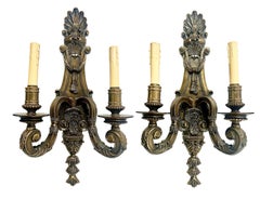 French Louis XVI Revival Style Patinated Bronze Wall Sconce Two Arms,  a Pair