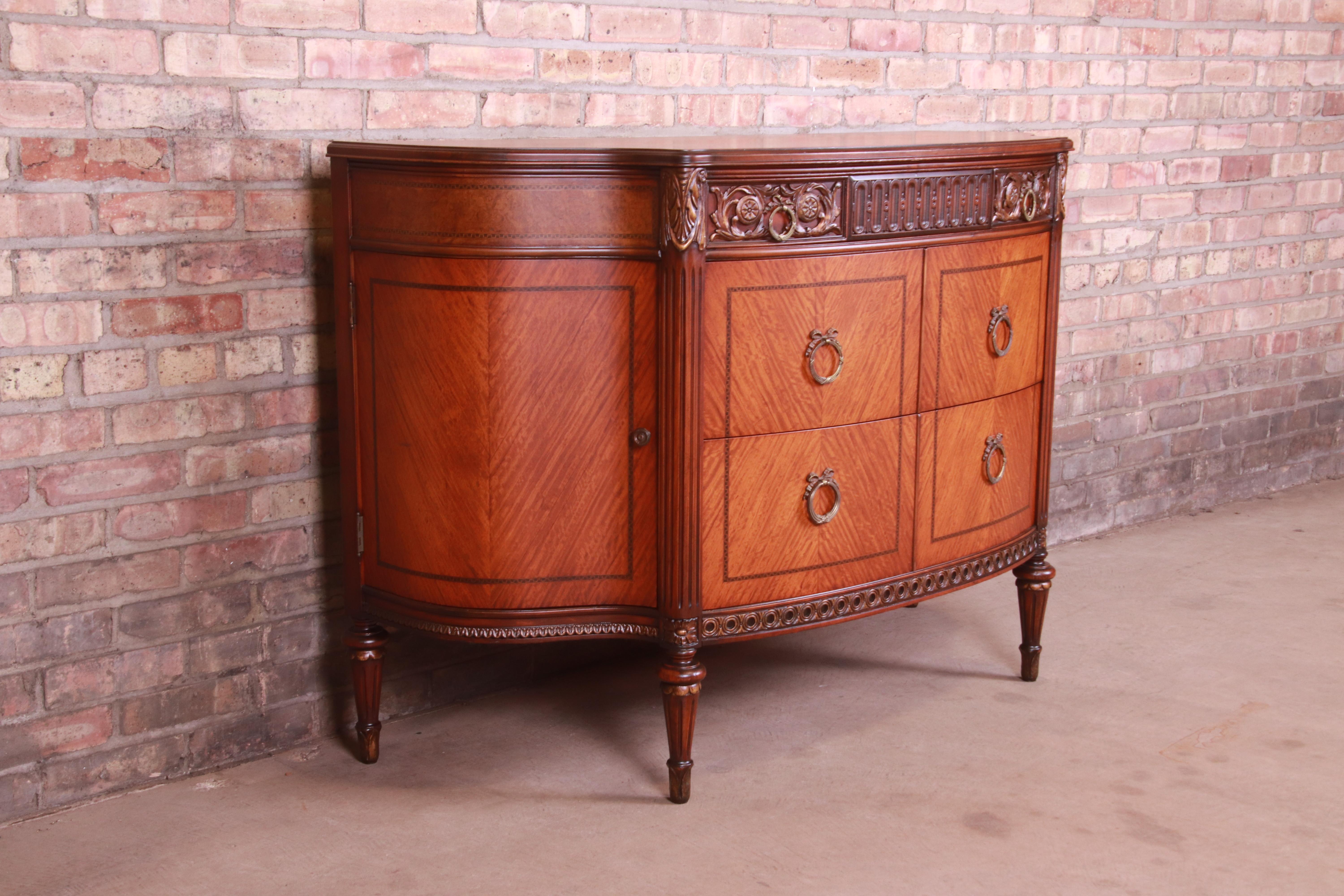 American French Louis XVI Satinwood and Mahogany Demilune Dresser by Saginaw, Circa 1920s