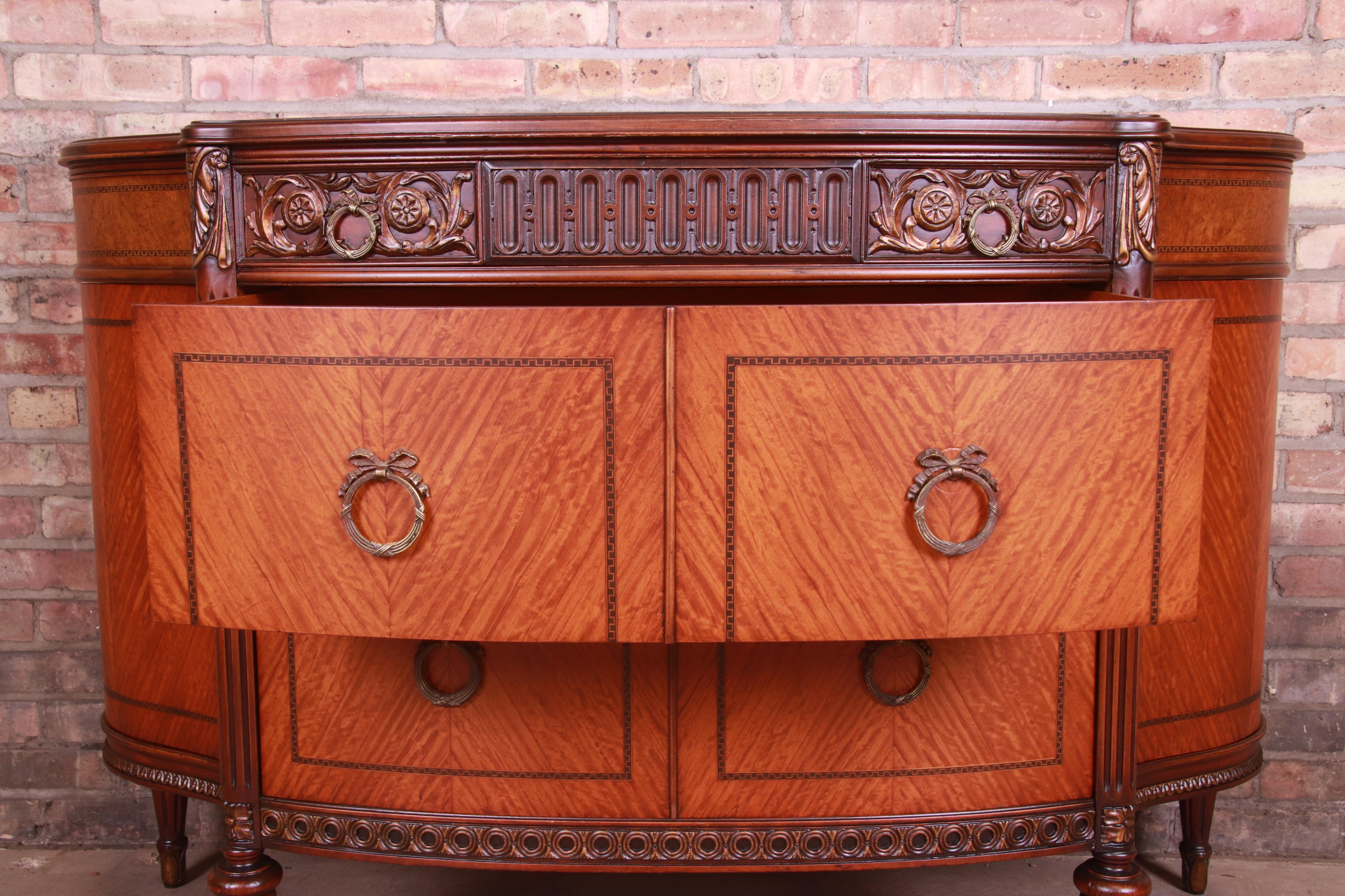 20th Century French Louis XVI Satinwood and Mahogany Demilune Dresser by Saginaw, Circa 1920s