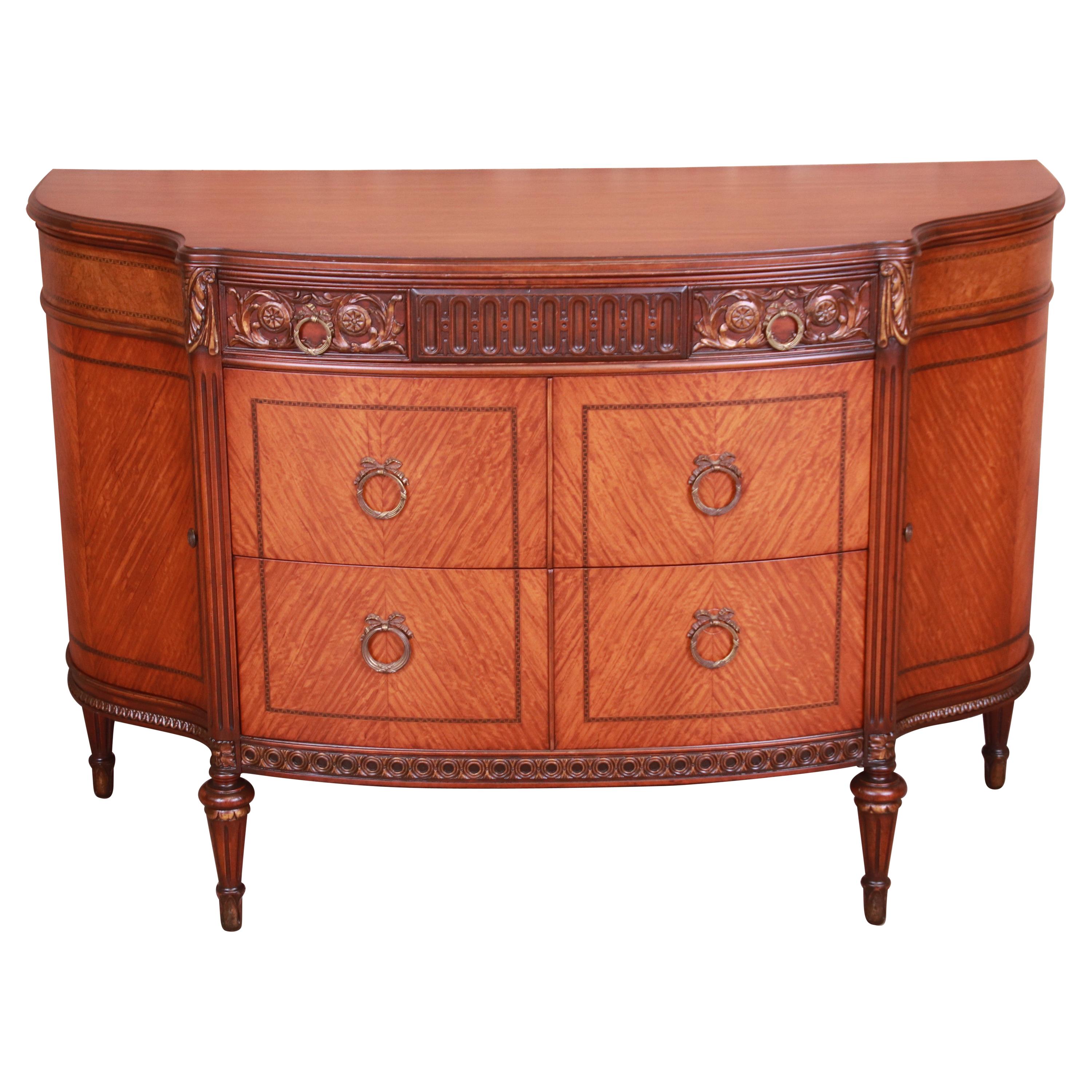 French Louis XVI Satinwood and Mahogany Demilune Dresser by Saginaw, Circa 1920s