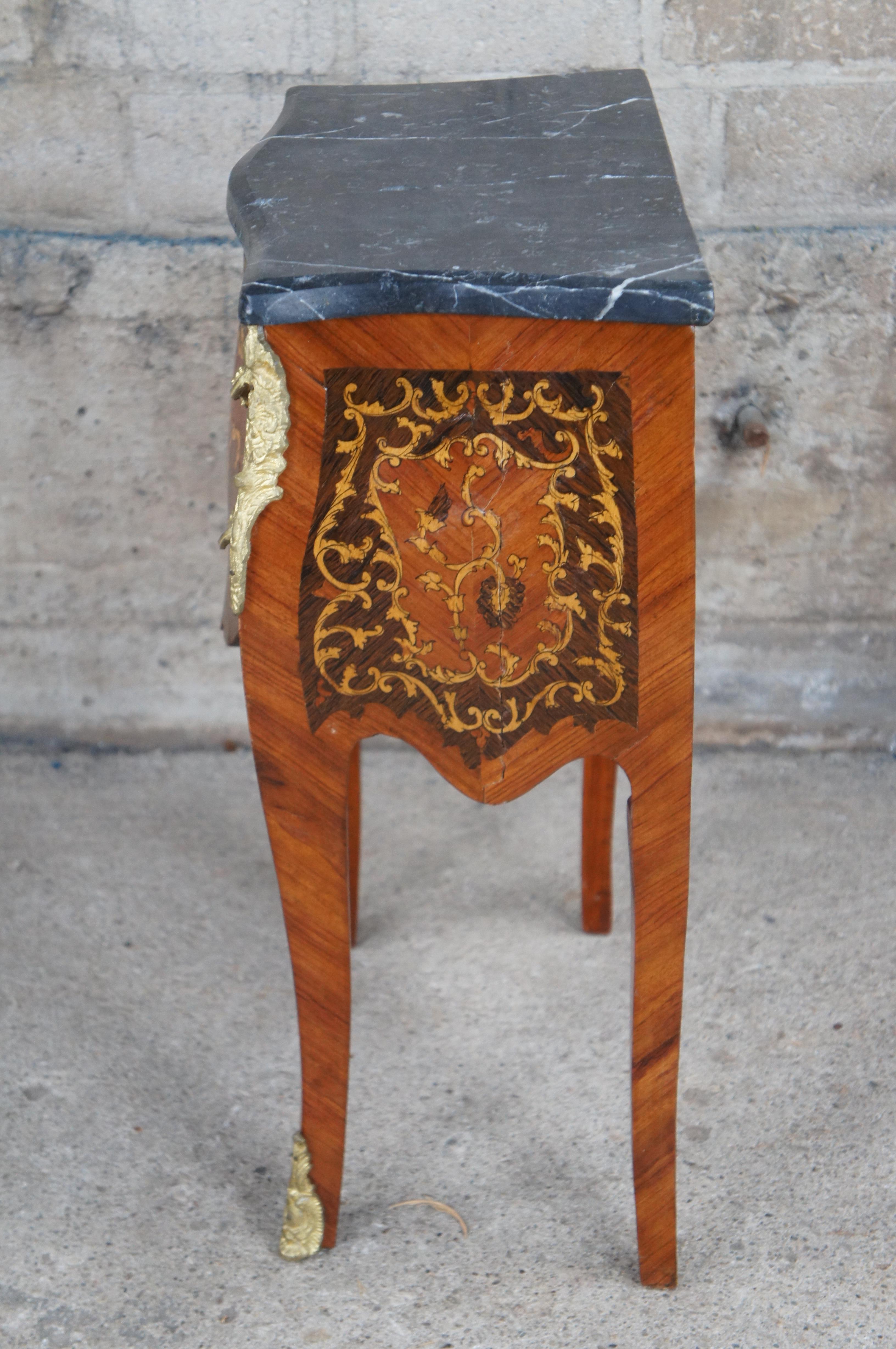 French Louis XVI Serpentine Walnut Bombe Marble Commode Nightstand Petite Chest For Sale 6