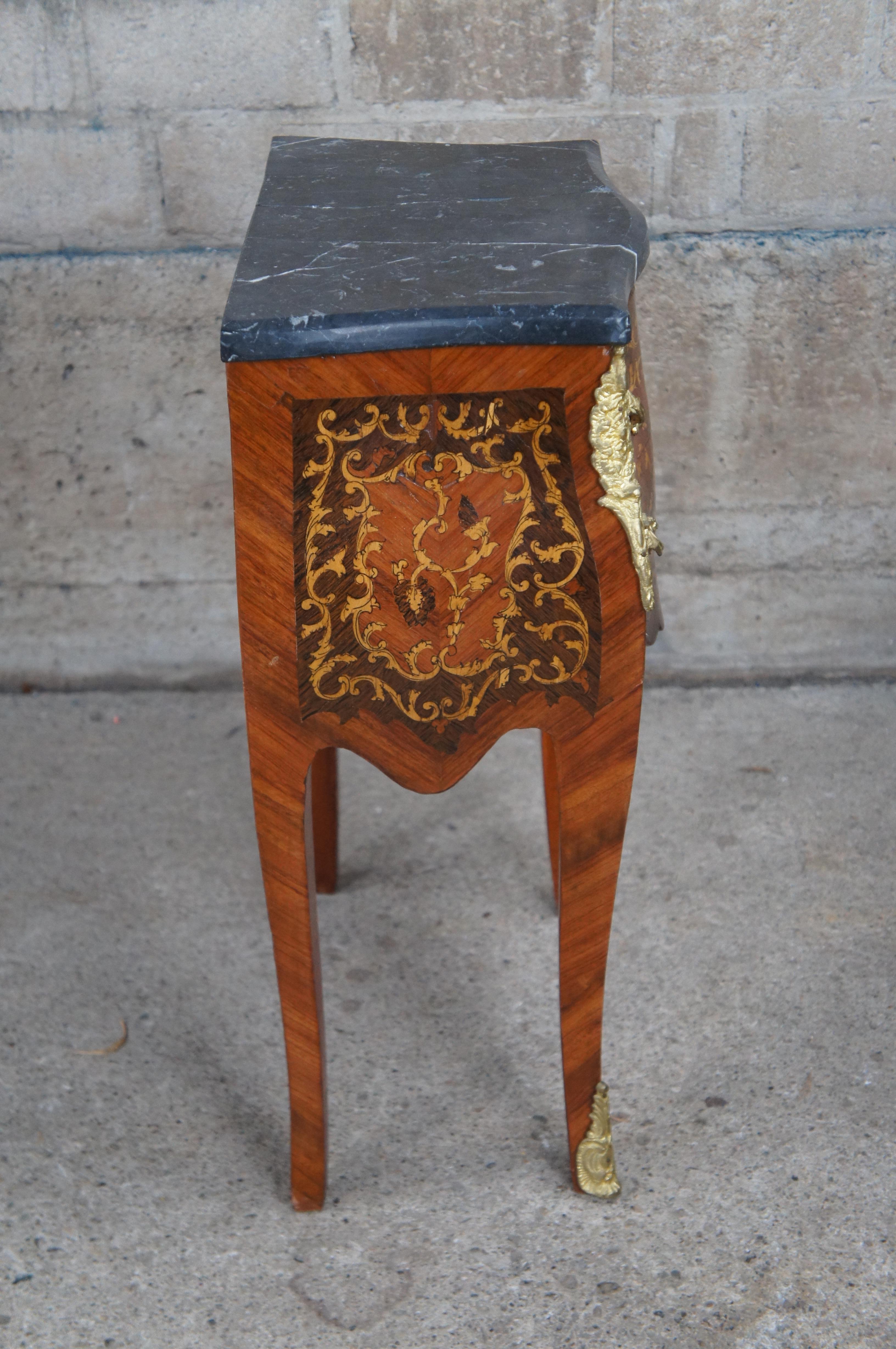 French Louis XVI Serpentine Walnut Bombe Marble Commode Nightstand Petite Chest For Sale 8